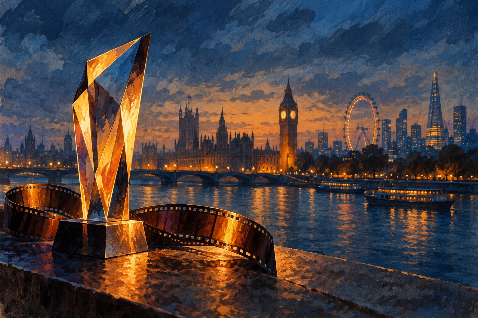 Conceptual illustration of a glass award and curling filmstrip beside the Thames at dusk.