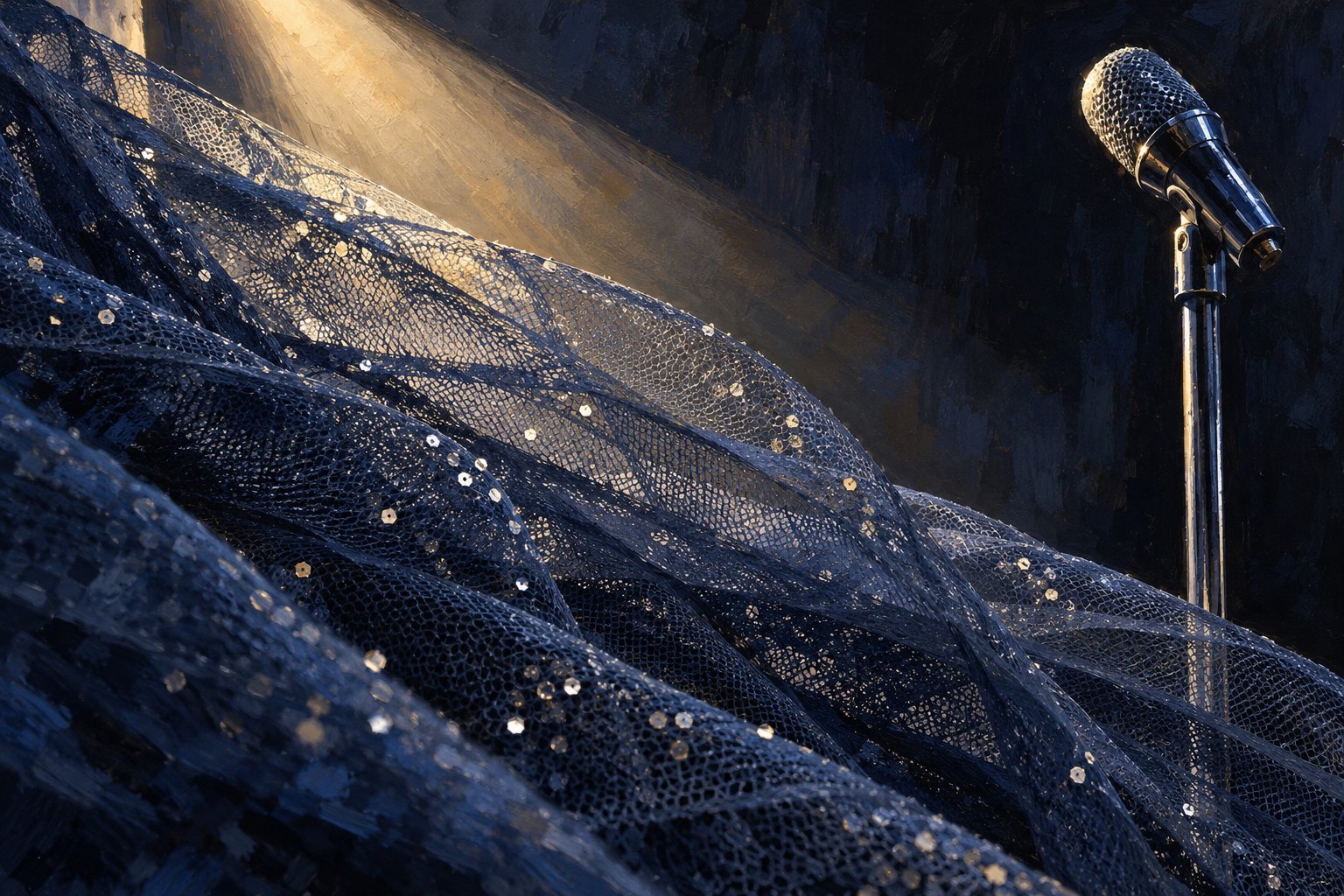 Conceptual illustration of shimmering navy tulle beside a silver microphone beneath a warm spotlight.