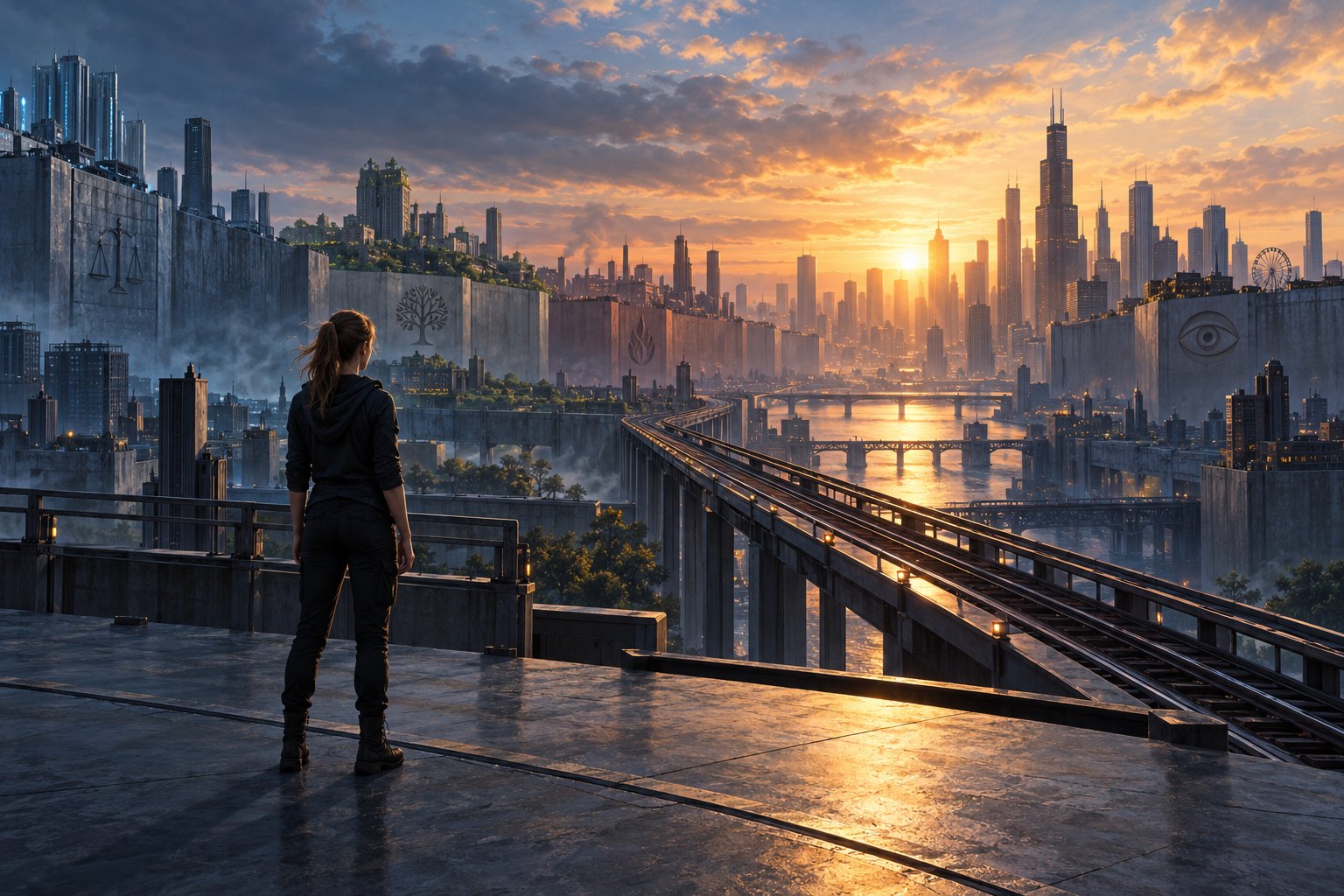 Conceptual illustration of a young woman overlooking a divided futuristic Chicago and elevated railway at sunrise.
