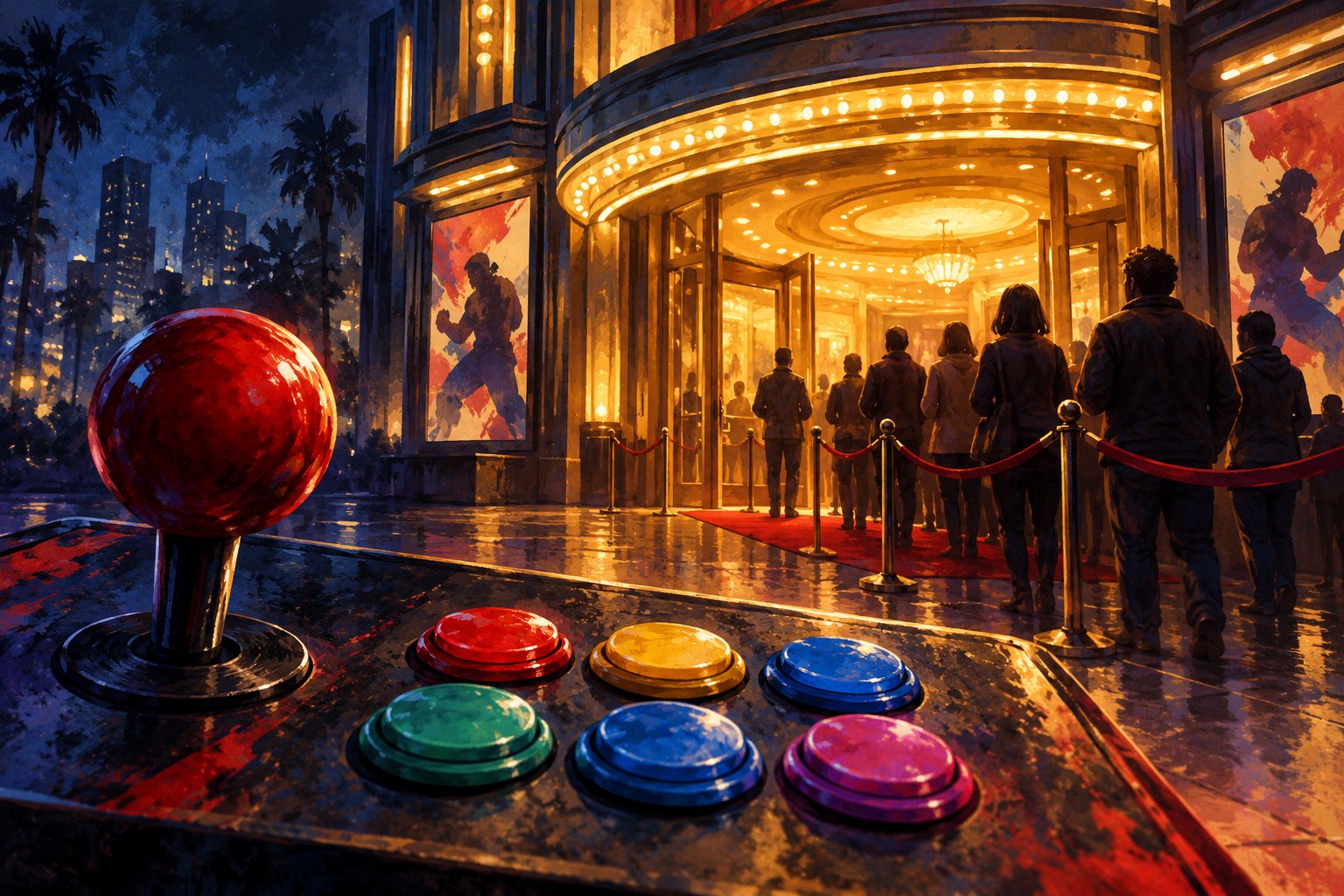 Original illustration of an arcade joystick and colorful buttons overlooking moviegoers entering a warmly lit cinema.