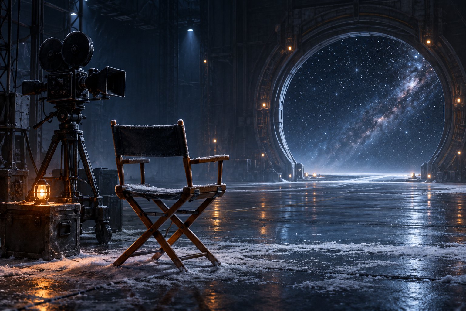Conceptual illustration of an empty director’s chair and movie camera on a frosty soundstage facing a star-filled doorway.