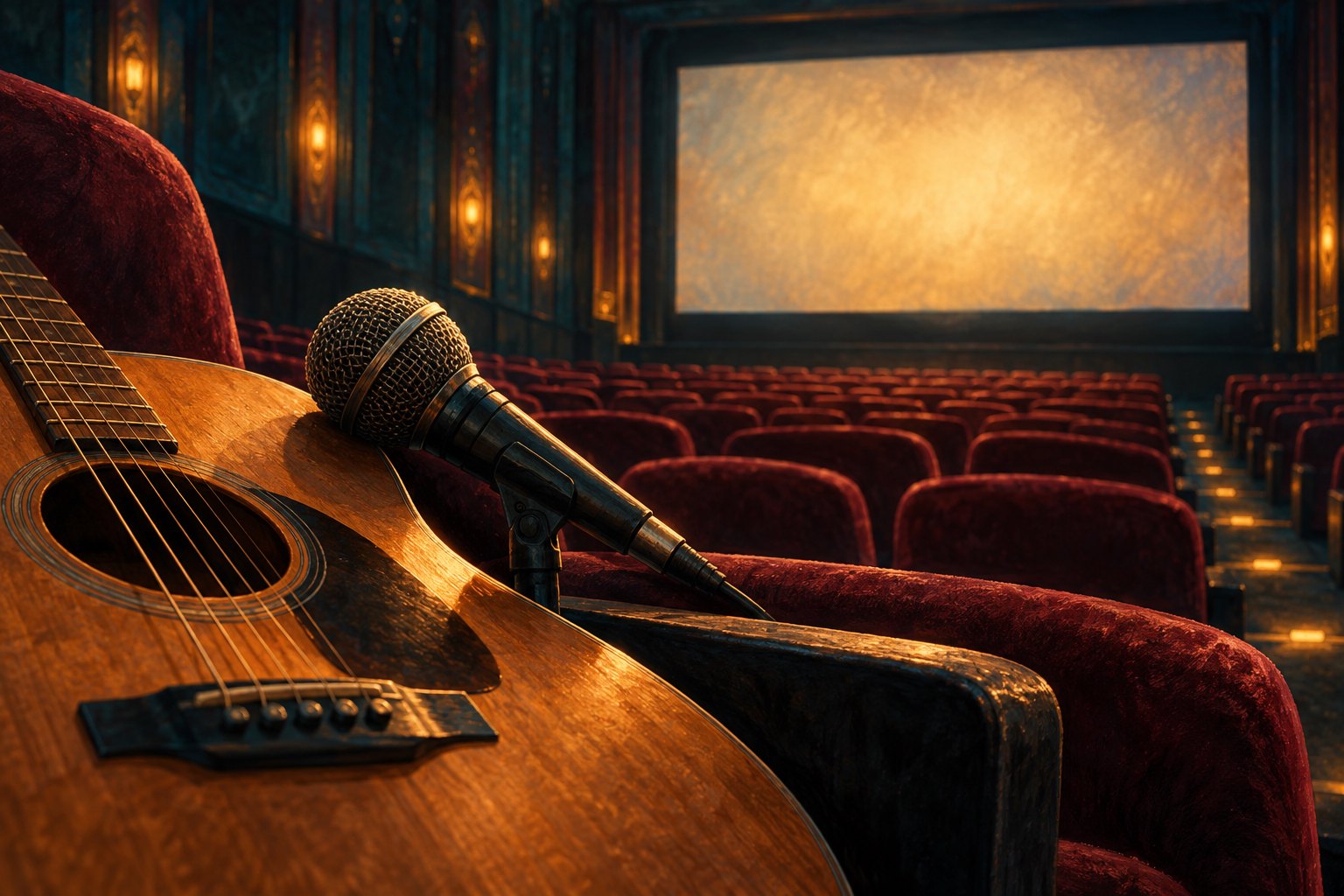 Illustration of an acoustic guitar and microphone beside burgundy seats facing a glowing blank movie screen.