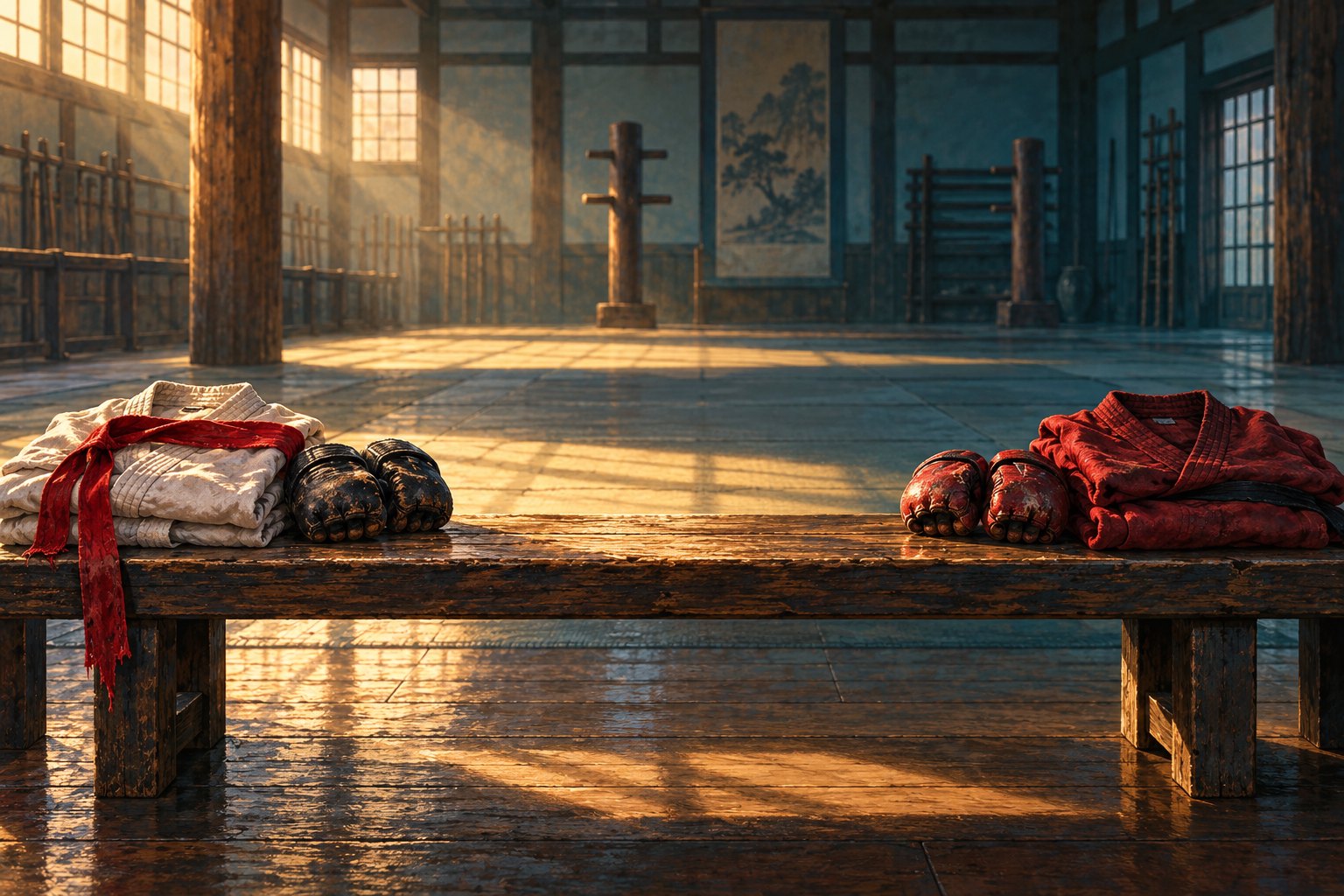 Symbolic illustration of ivory and red martial arts uniforms and gloves separated on a bench in an empty training room.