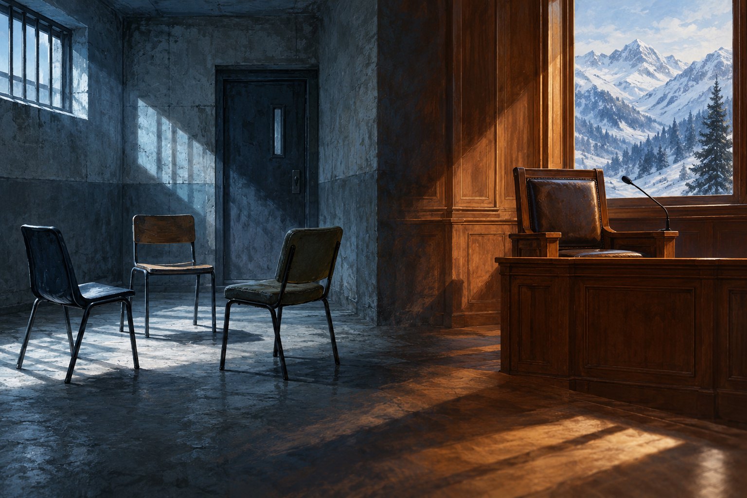 Conceptual illustration joining an empty prison therapy room with a courtroom witness chair and a snowy mountain view.
