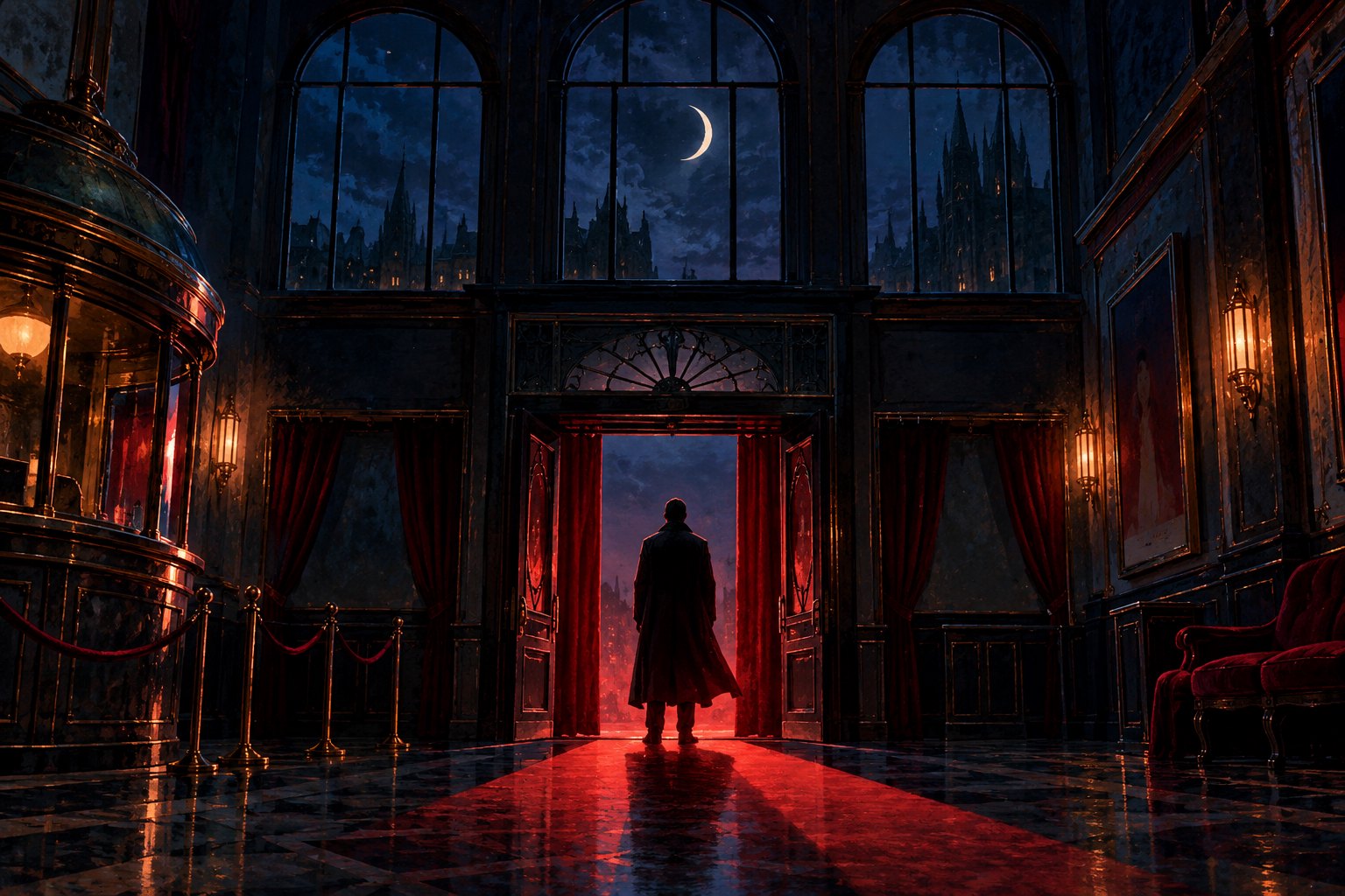 Conceptual Gothic illustration of a solitary figure at a cinema doorway illuminated by crimson light.
