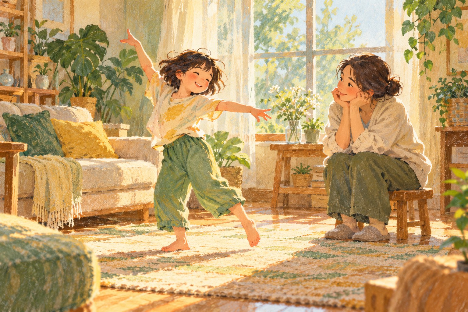原创主题插画:孩子在阳光下的客厅舒展舞步,家长坐在矮凳上认真观看,非影片剧照