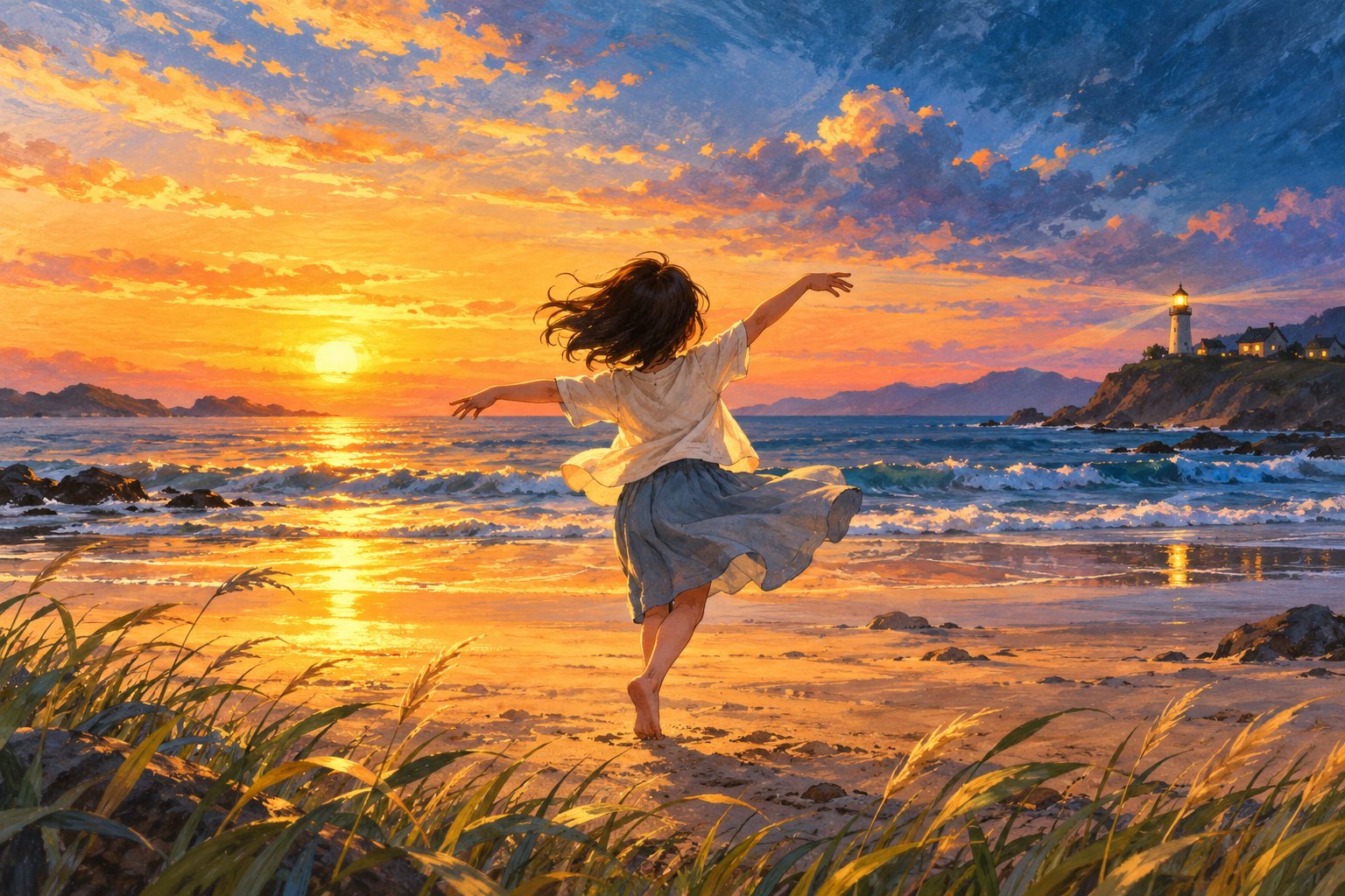 原创主题插画:孩子在黄昏海边自由起舞,远处灯塔透出暖光,非影片剧照