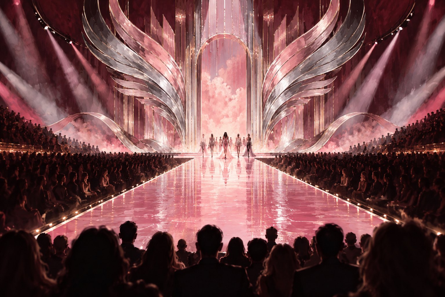 Conceptual illustration of a pink runway beneath silver wing-shaped scenery, with distant models and an audience in silhouette.