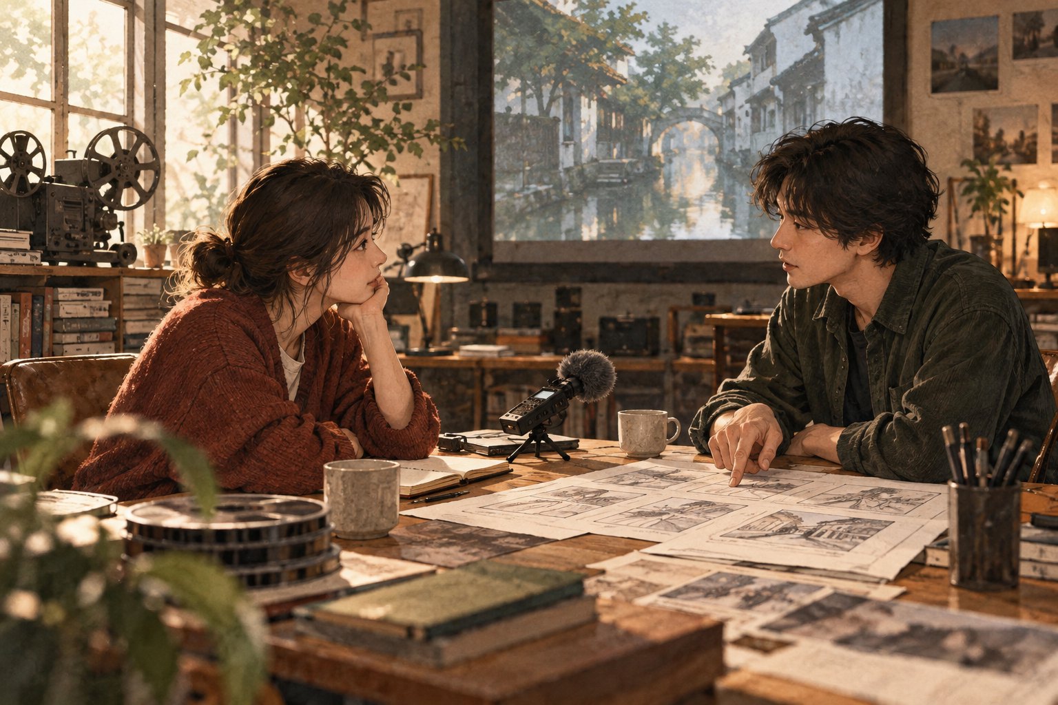 概念插画:青年创作者与采访者在剪辑工作室交流,桌上摆着分镜画稿和录音设备