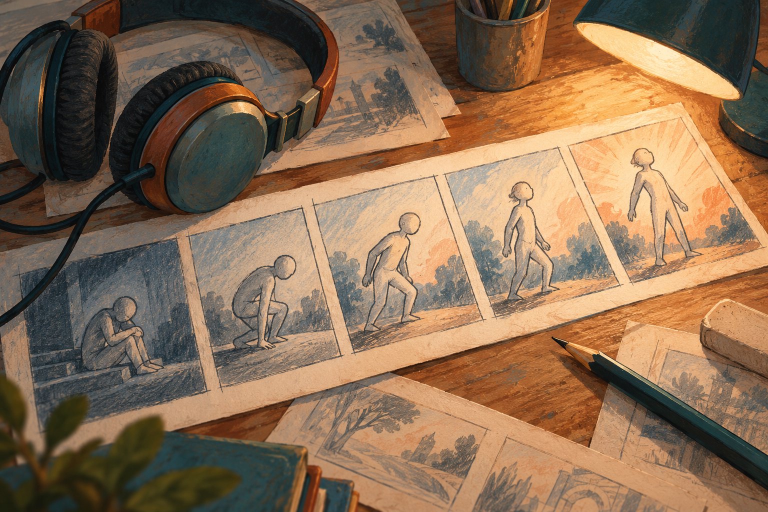 Conceptual illustration of headphones beside storyboard drawings showing a figure gradually standing upright under a desk lamp.