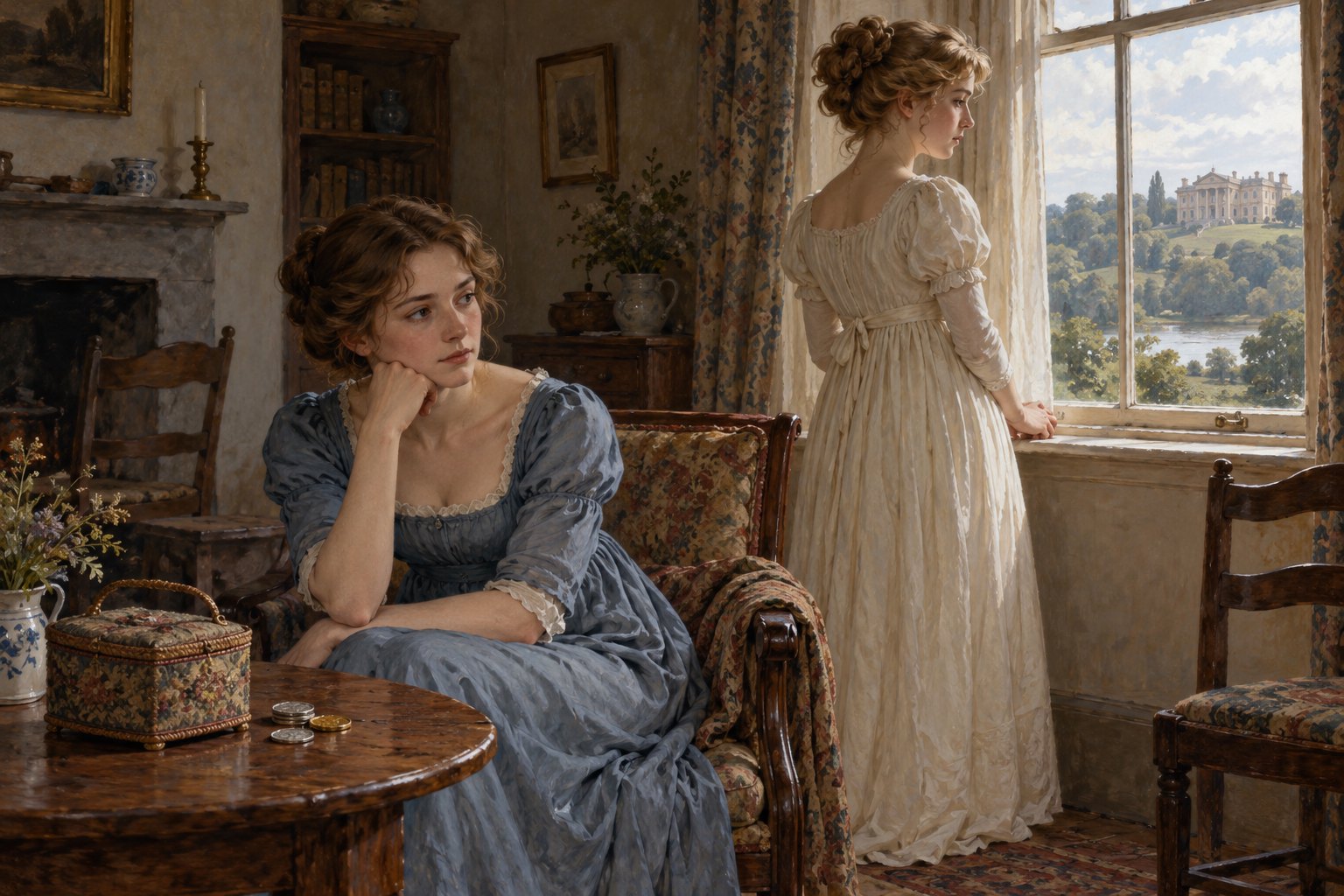 Original period illustration of two young women in blue and ivory dresses beside a cottage window, with coins on a table and a grand house beyond.
