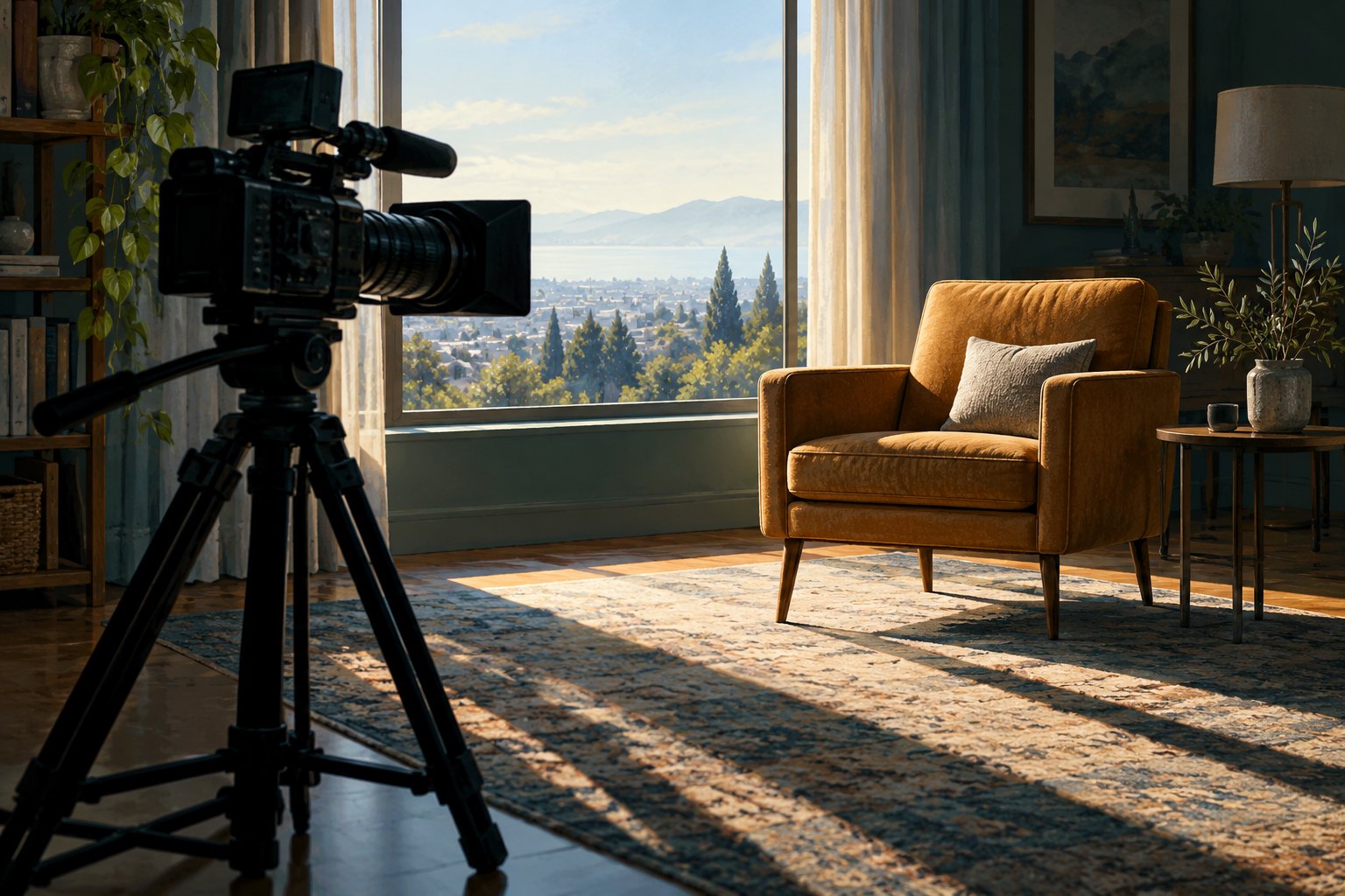Conceptual illustration of a documentary camera aimed at an empty mustard-colored armchair beside a sunlit window.