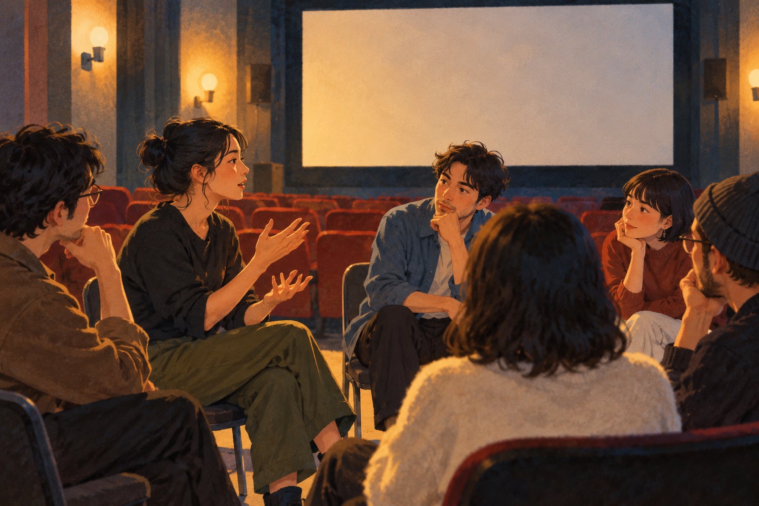 年轻观众在小型放映室内围坐交流,一位观众发言、其他人倾听的映后讨论概念插画