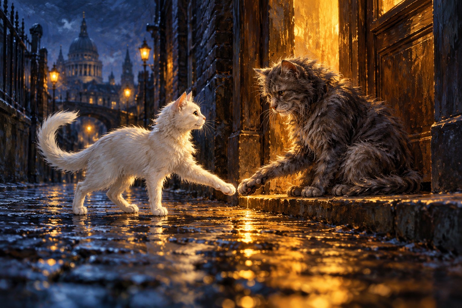 A painterly illustration of a white cat reaching toward an older gray cat beside a warmly lit doorway in a rainy London alley.