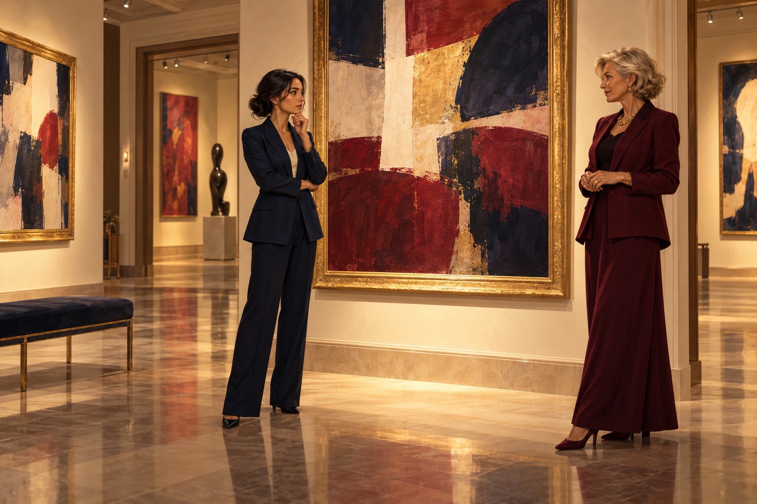 Conceptual illustration of two women facing each other in a warmly lit gallery beside a large abstract painting.