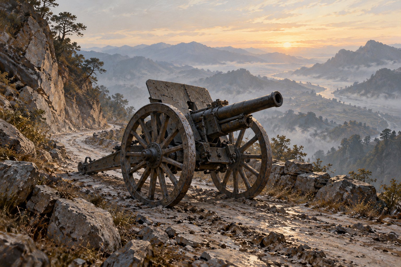 晨光与山雾中,一门山炮停在崎岖山路上的主题插画,非电影剧照