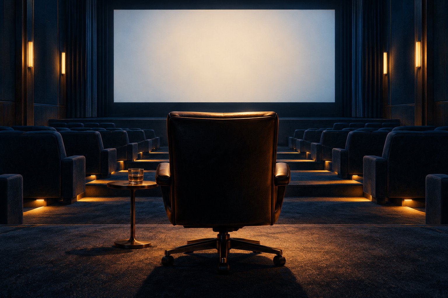 An empty executive chair faces a blank screen in a dim screening room illuminated by warm aisle lights.