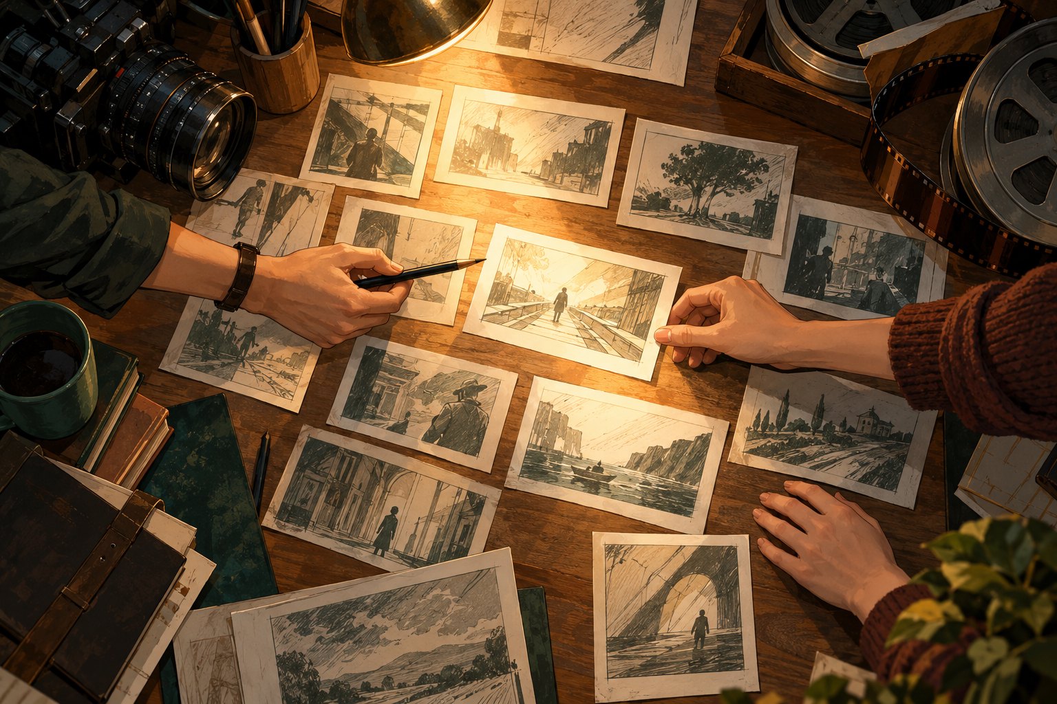 概念插画:工作人员在电影创作工作台上共同调整无字分镜卡片