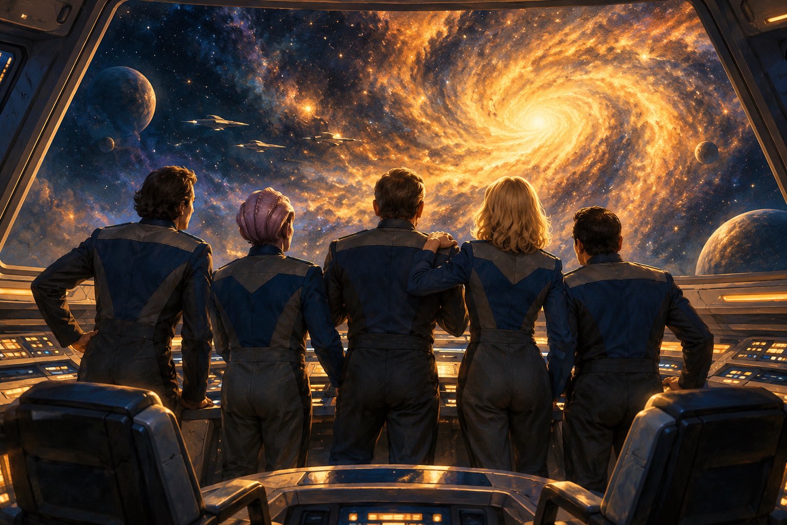 Painterly illustration of five space adventurers standing together on a starship bridge facing a glowing golden nebula.