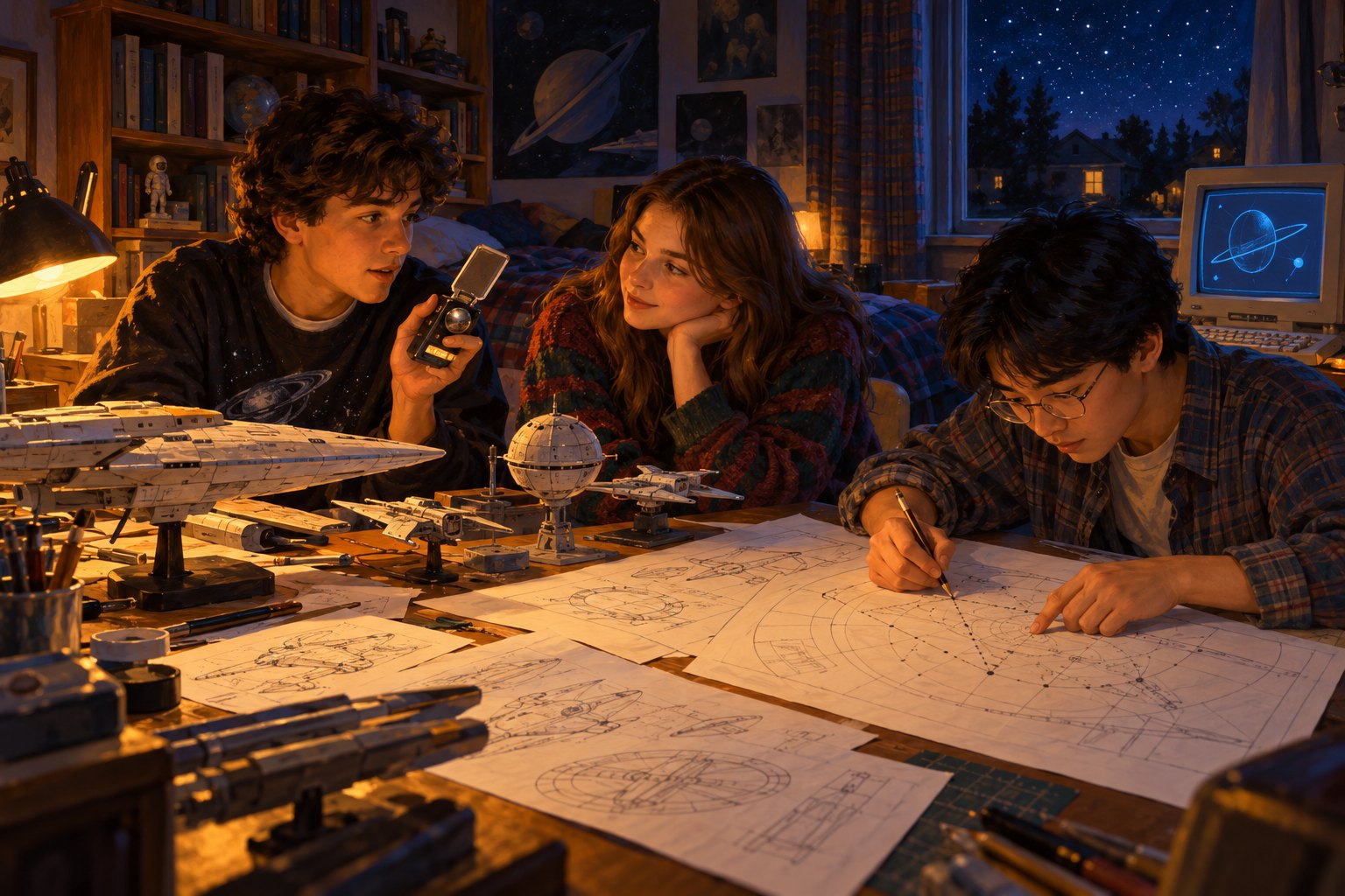 Painterly illustration of three teenage science-fiction fans studying spaceship sketches and models beside a glowing computer.