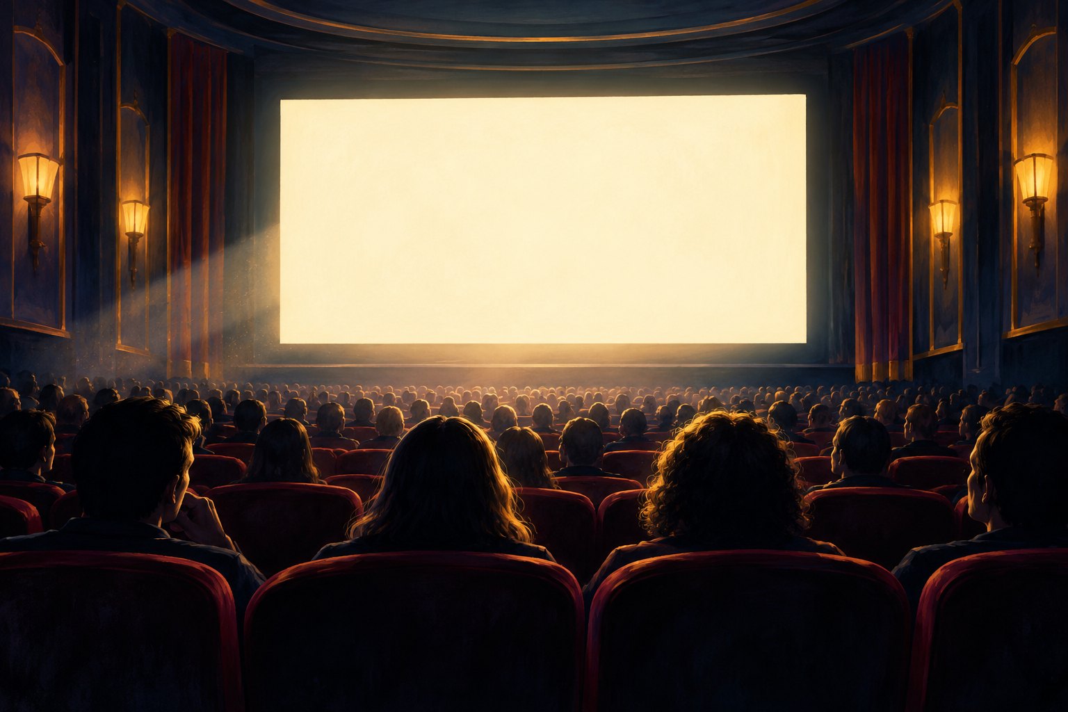 Conceptual illustration of a crowded movie theater facing a glowing blank screen.