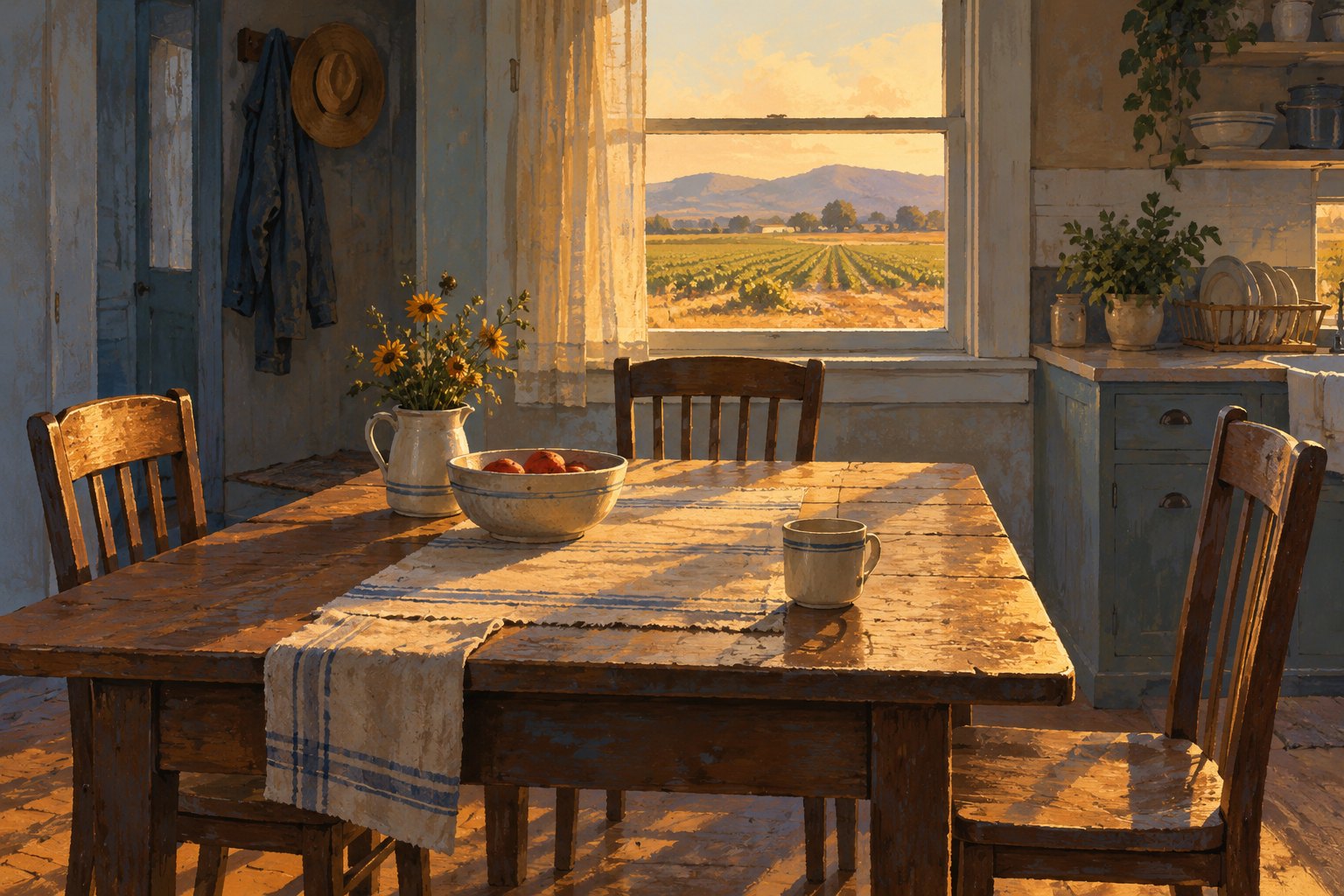 Symbolic painted illustration of three empty chairs around a sunlit kitchen table overlooking farmland.