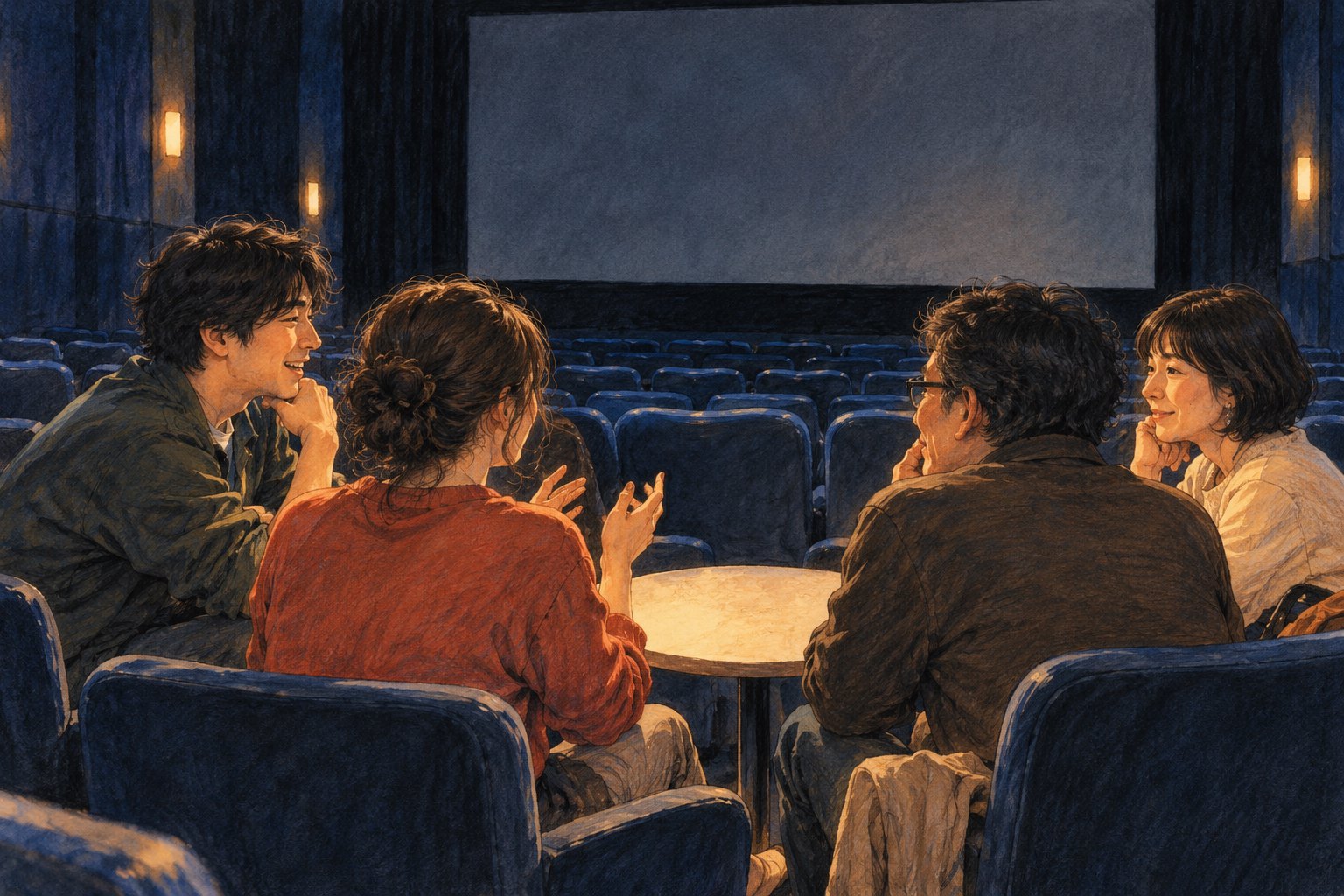 四位不同年龄的观众在影院围桌交谈，呈现映后交流的概念插画，并非活动现场