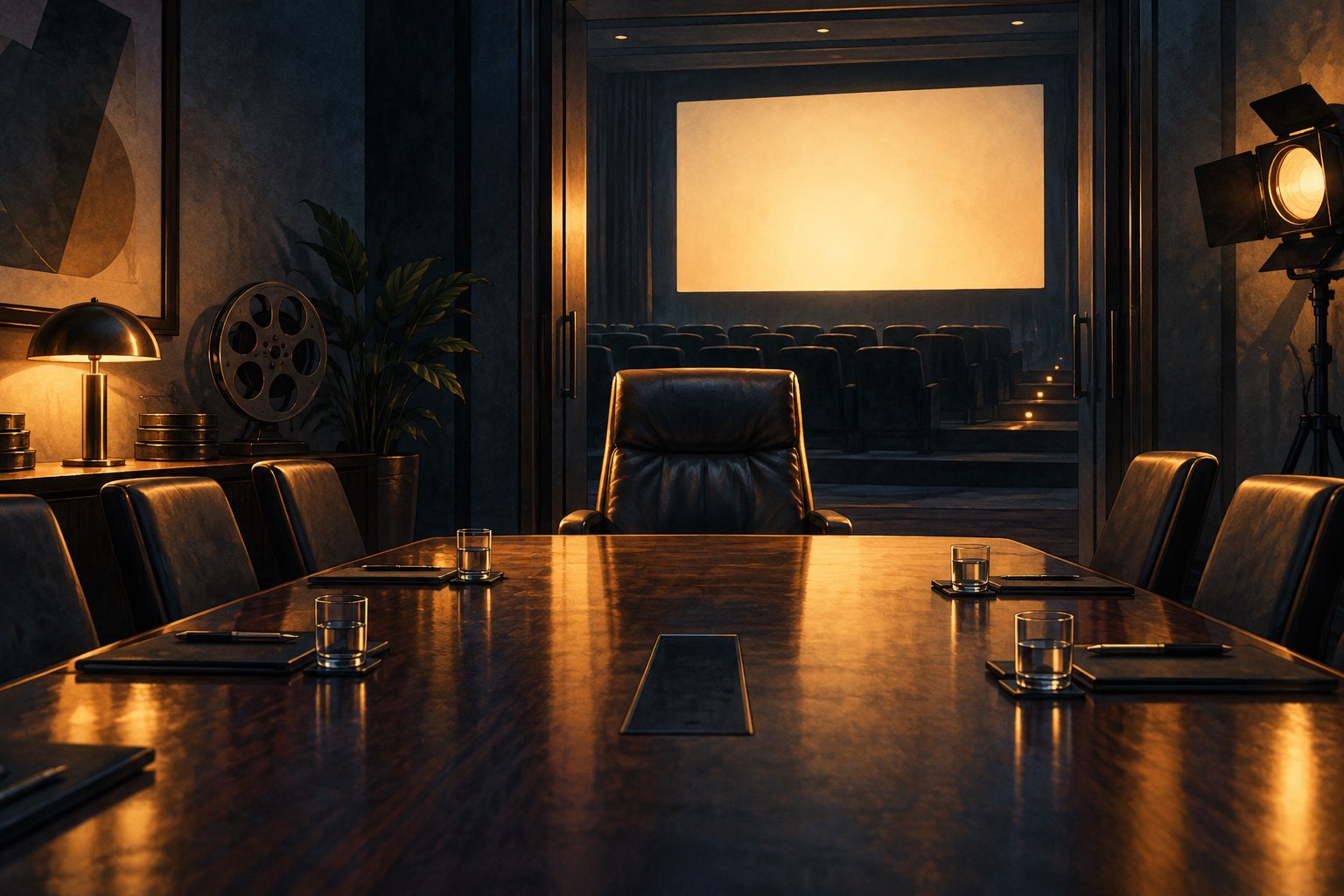 Editorial illustration of an empty executive chair at a conference table beside a softly illuminated screening room.