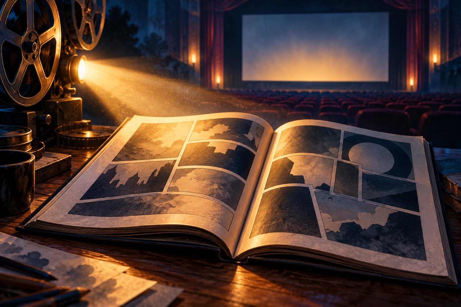 Conceptual illustration of an open comic book illuminated by a projector beam in a cinematic setting.