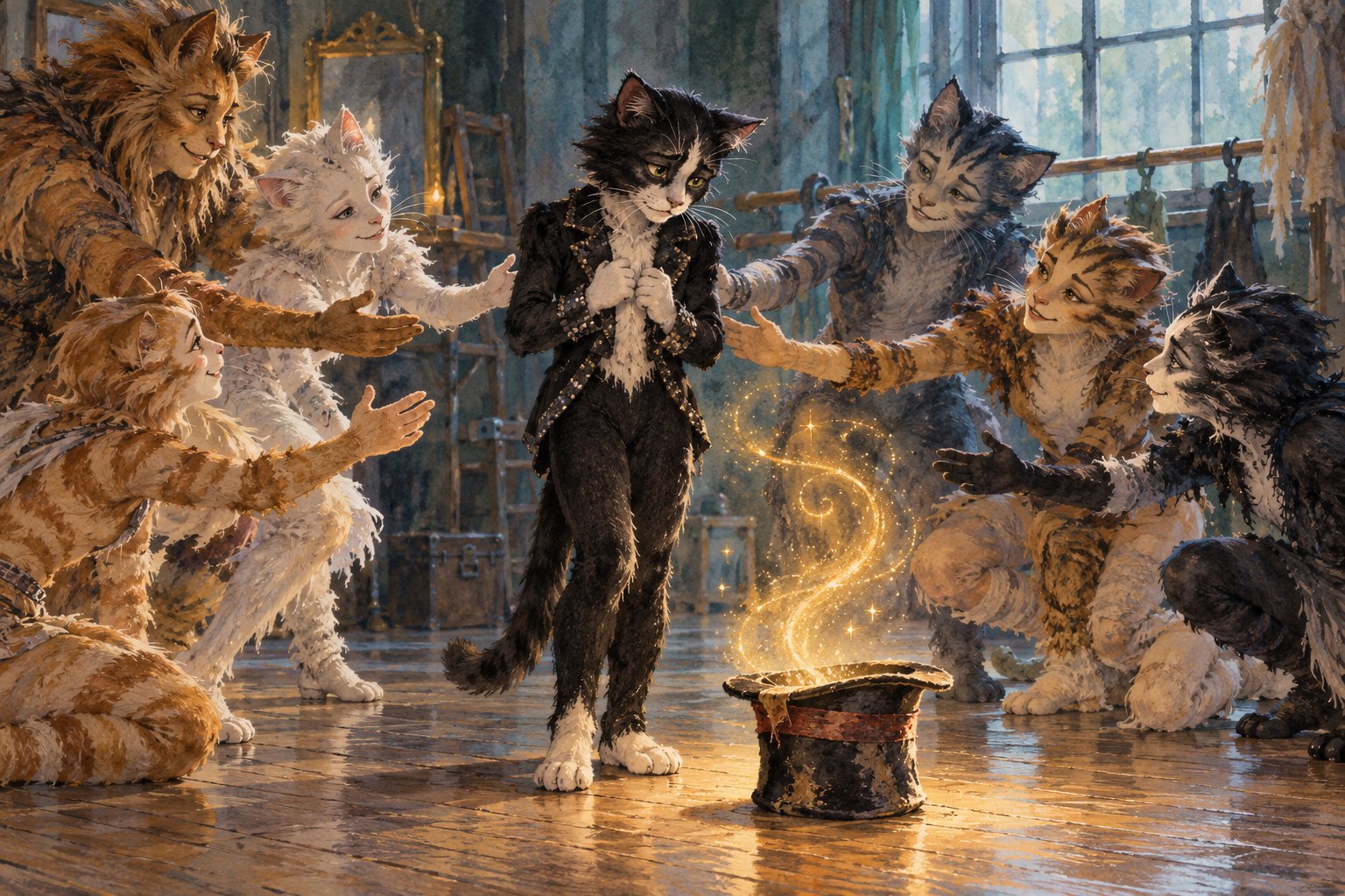 Illustration of a hesitant feline magician beside a glowing top hat, surrounded by encouraging fellow performers.