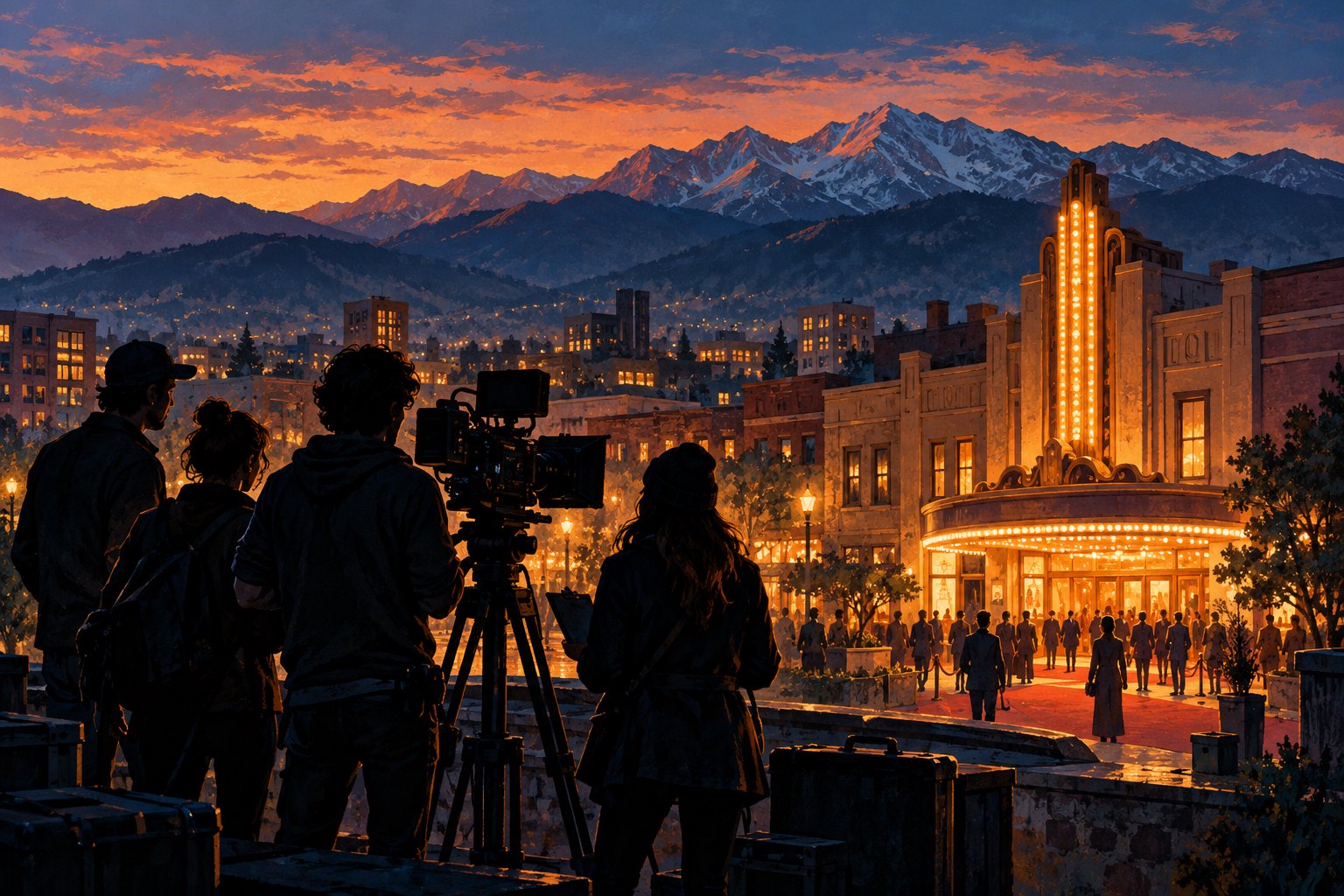 Conceptual illustration of filmmakers beside a cinema camera overlooking a glowing theater and Colorado mountains at dusk.