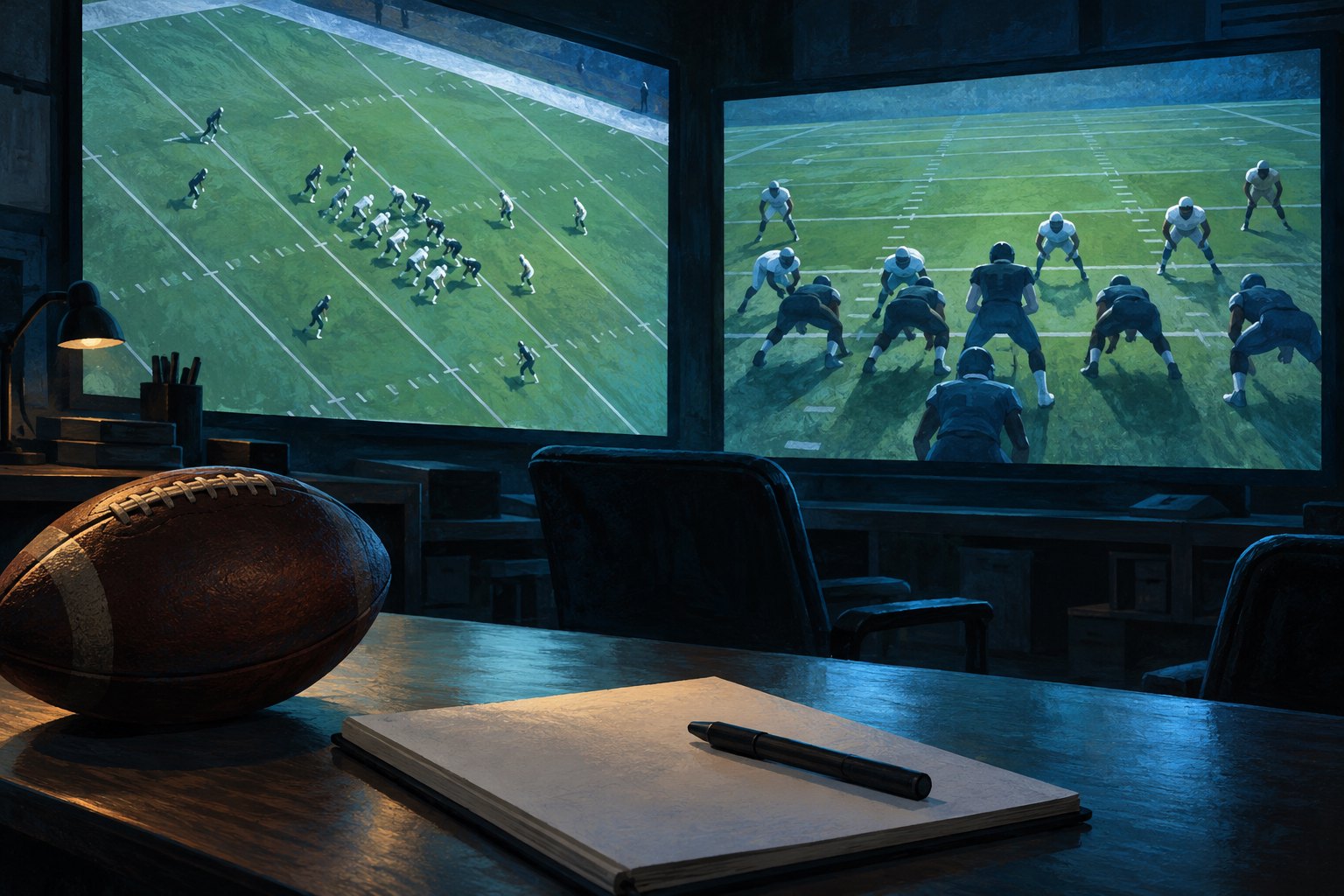 Illustration of a football film study room with two screens showing different field perspectives, a football, and an open notebook.