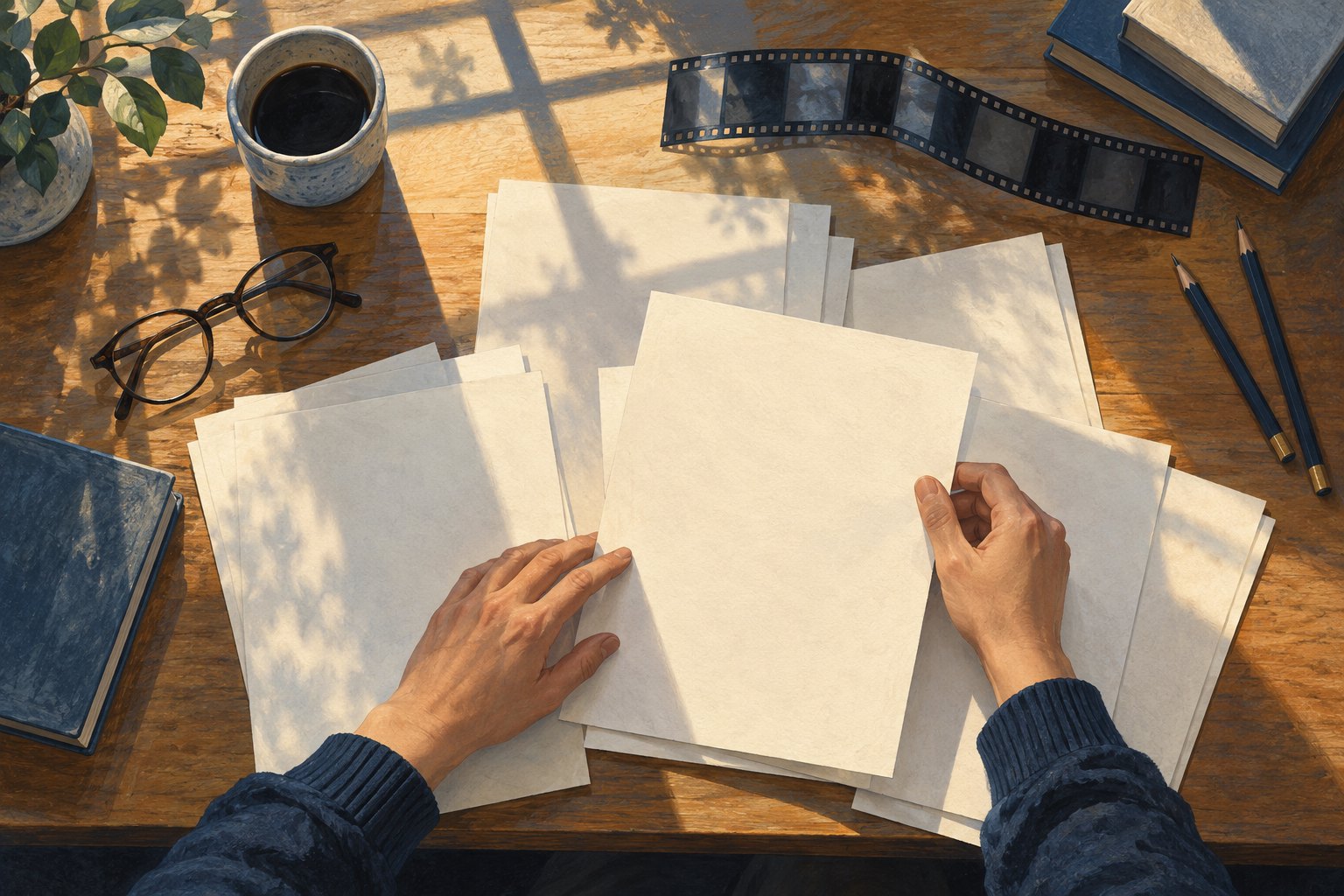 An overhead illustration shows hands arranging blank pages beside glasses, pencils, and a filmstrip on a sunlit desk.