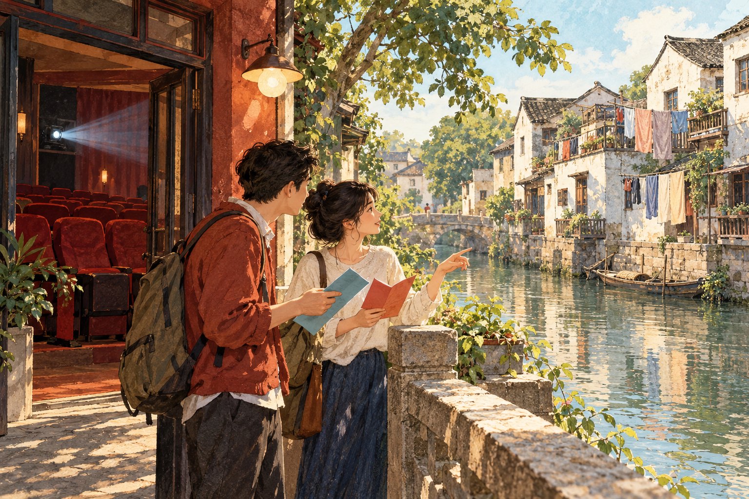 概念插画:两位年轻观众在临河影院外交流,观察对岸民居与日常生活