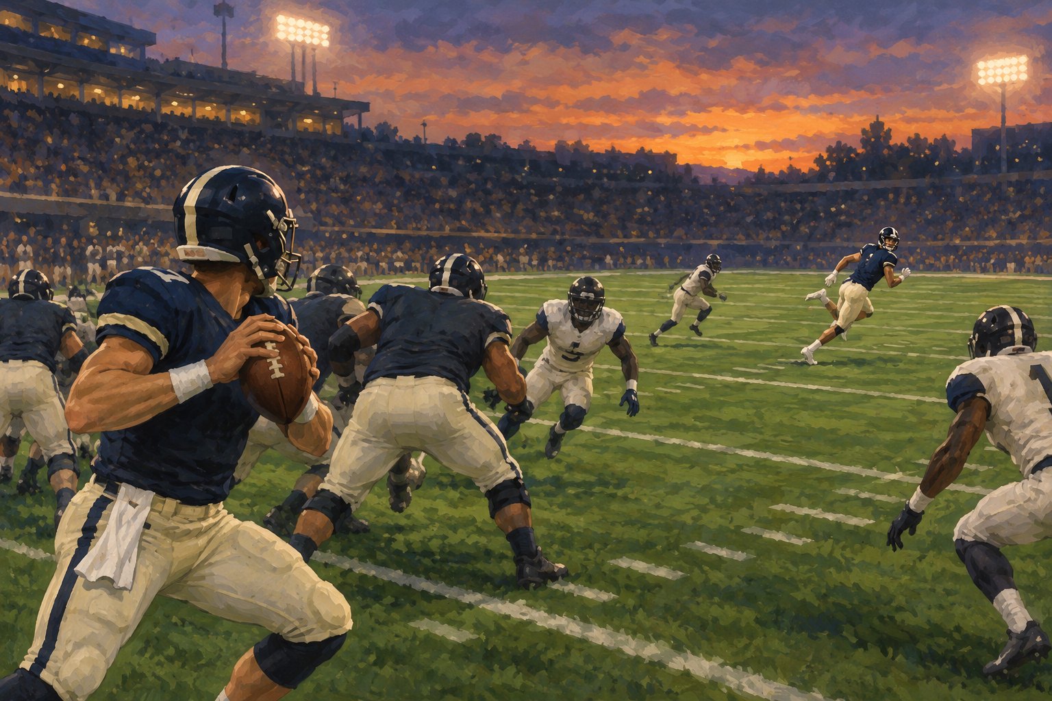 Conceptual illustration of a quarterback preparing to pass toward a receiver on a football field at dusk.