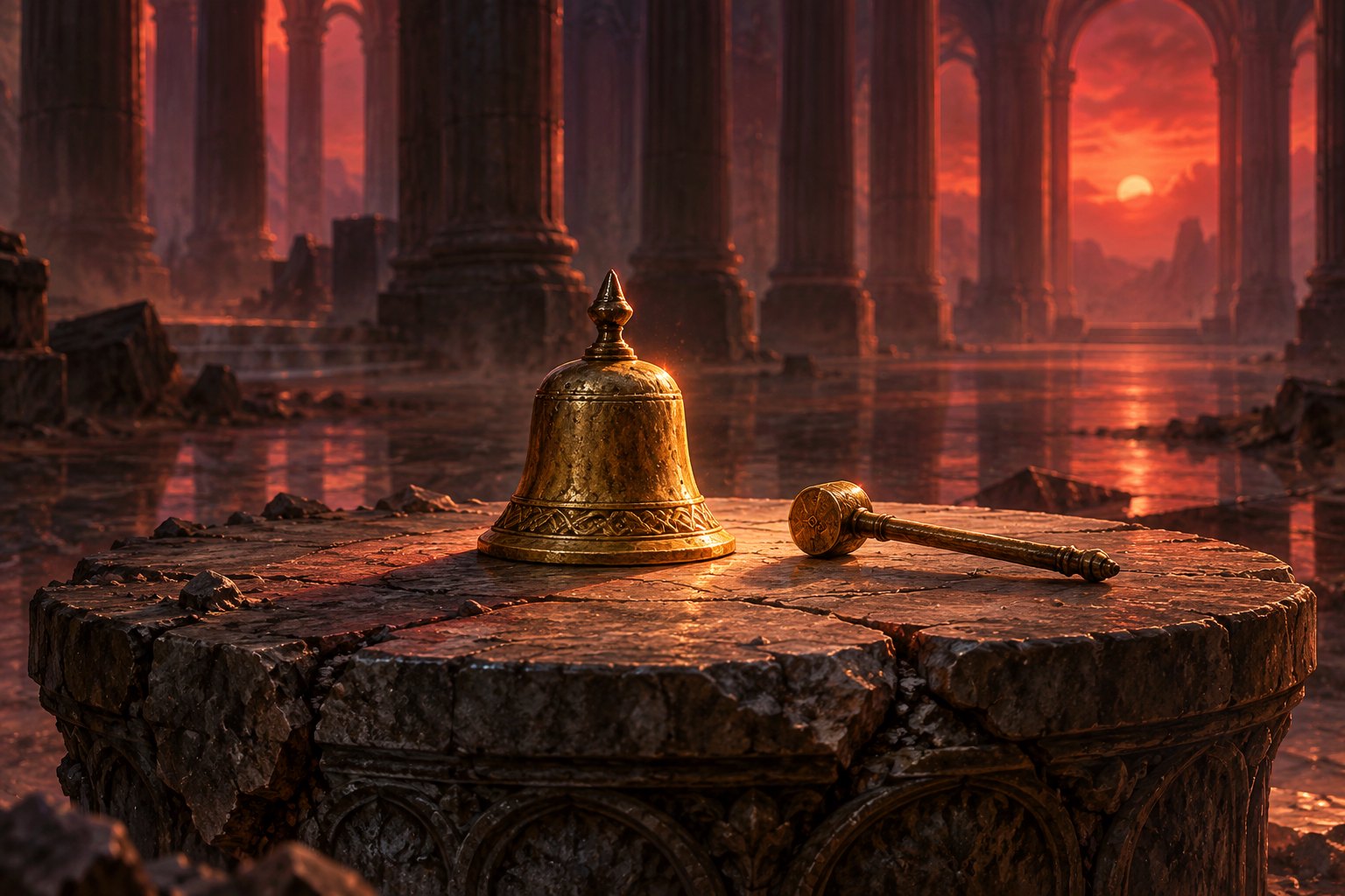 A golden bell and hammer rest on a cracked stone pedestal in a deserted palace hall under red twilight.