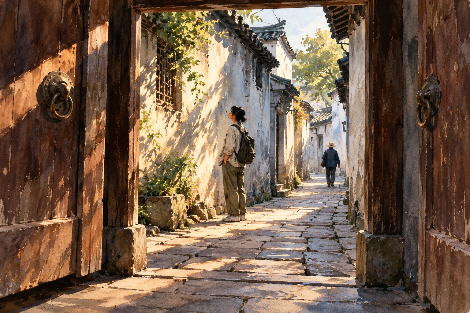 江南老巷意象插画：木门框住石板路，旅行者停步观察墙面光影与远处行人
