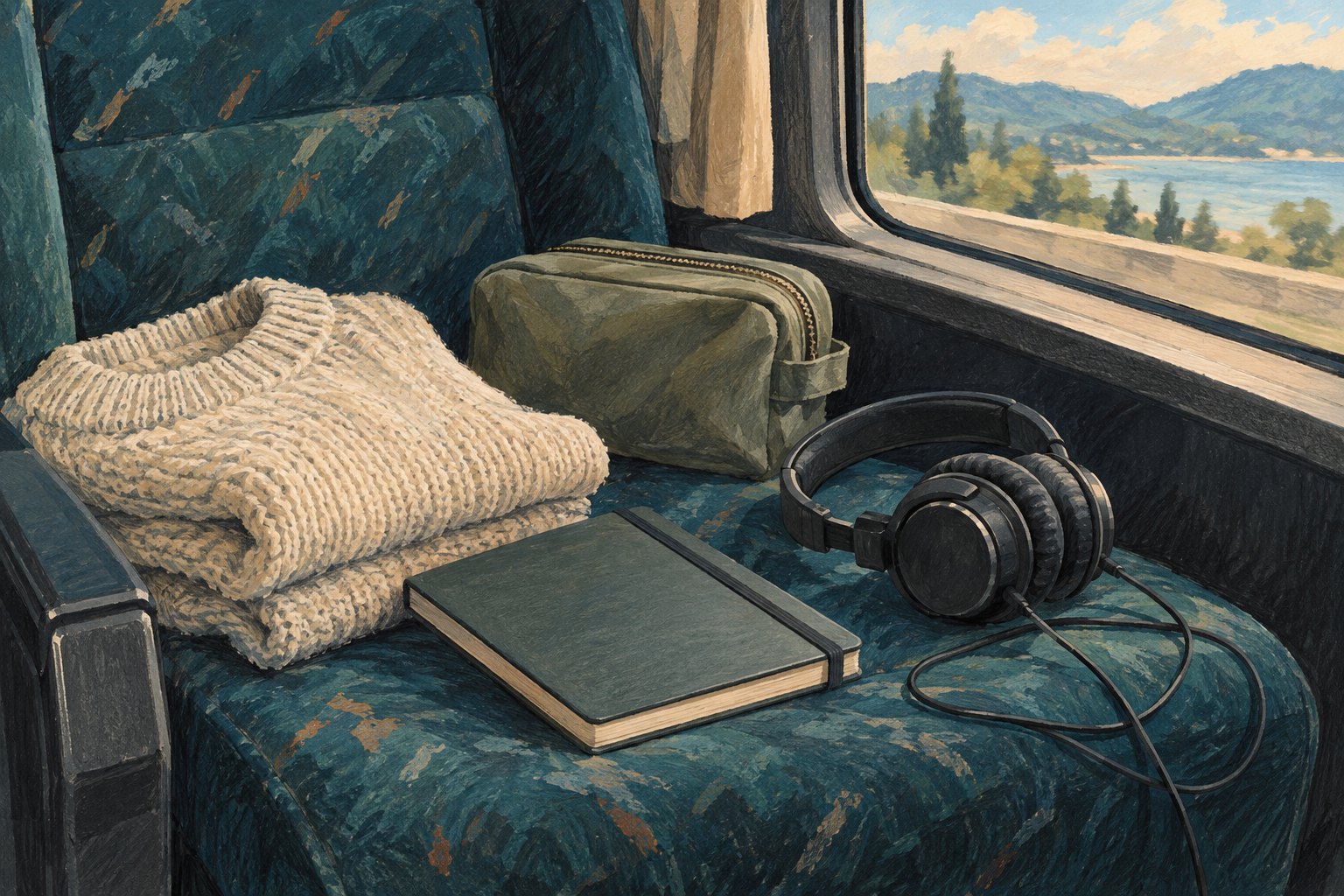 Conceptual illustration of a sweater, toiletry pouch, notebook, and headphones on a bus seat, representing everyday touring life rather than MUNA’s actual belongings.