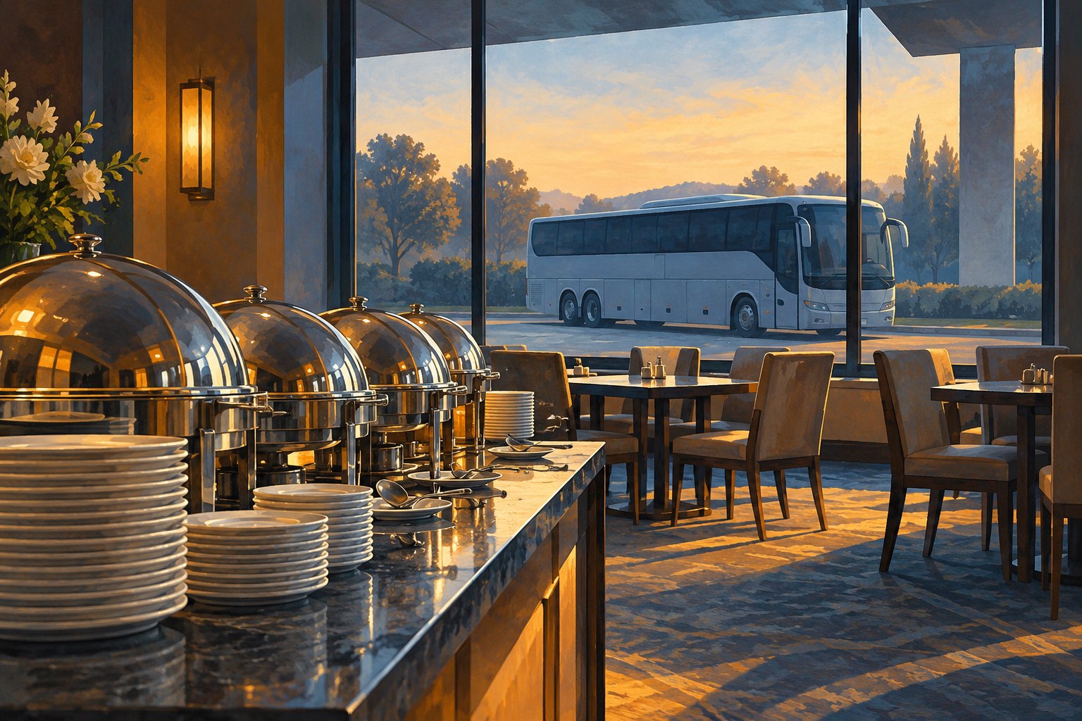 Conceptual illustration of covered breakfast serving dishes and stacked plates with an unmarked tour bus outside a window.