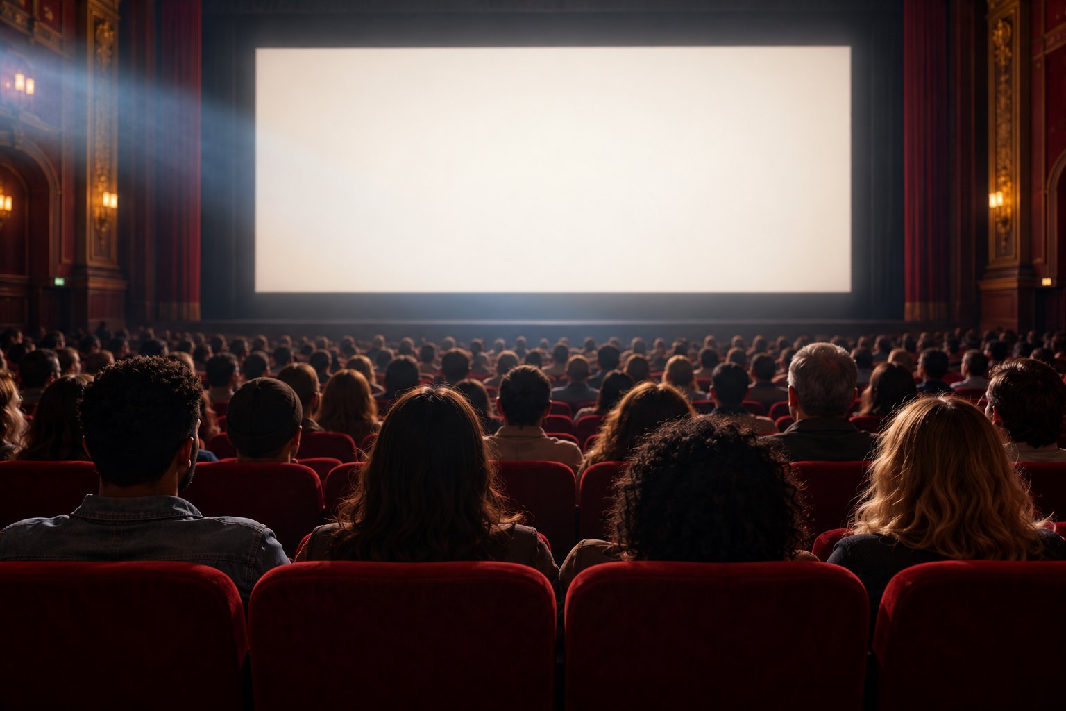An editorial illustration of a packed movie theater facing a softly glowing blank screen.