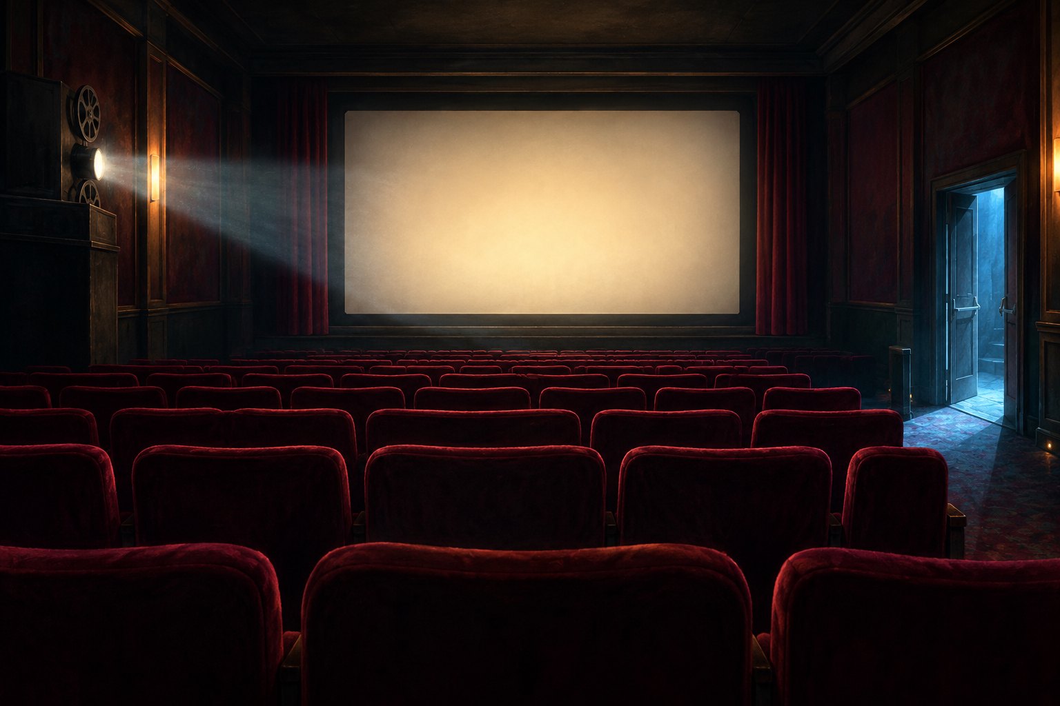 Conceptual illustration of an empty cinema with burgundy seats, a glowing blank screen, and blue light spilling through a side doorway.