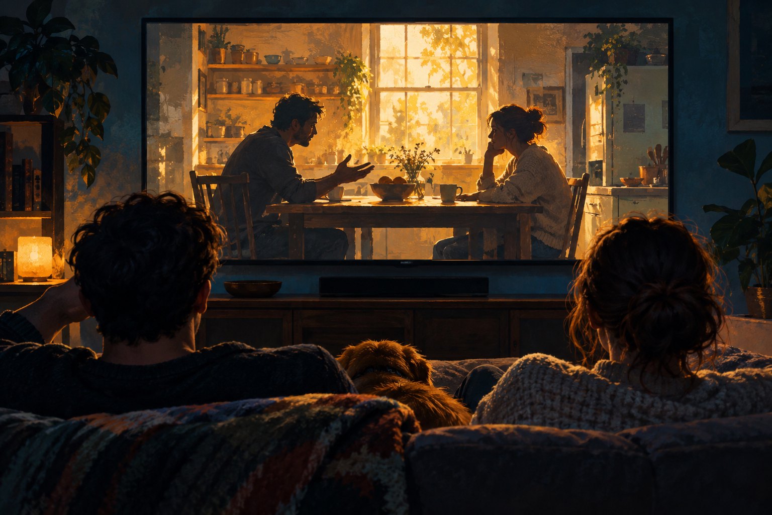 Editorial illustration of two viewers watching a fictional conversation between characters across a sunlit kitchen table.
