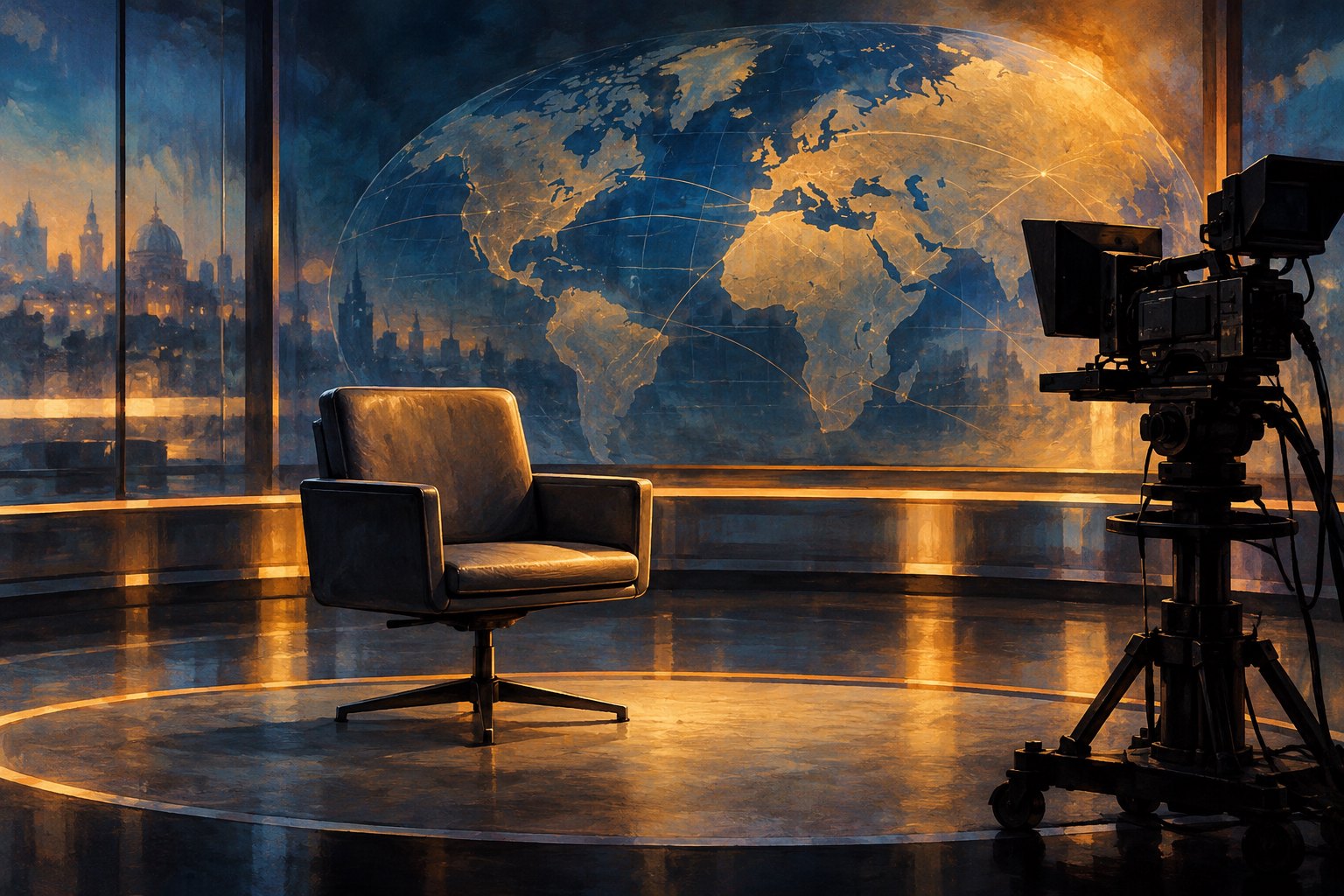 Editorial illustration of an empty interview chair and broadcast camera before an illuminated globe in a quiet studio.