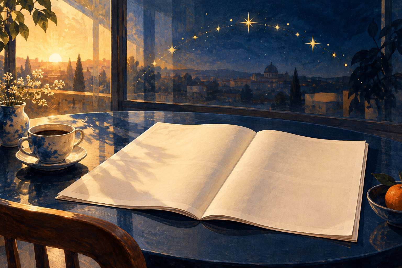 An illustrated blank newspaper and coffee cup beside a window filled with morning light and golden stars.