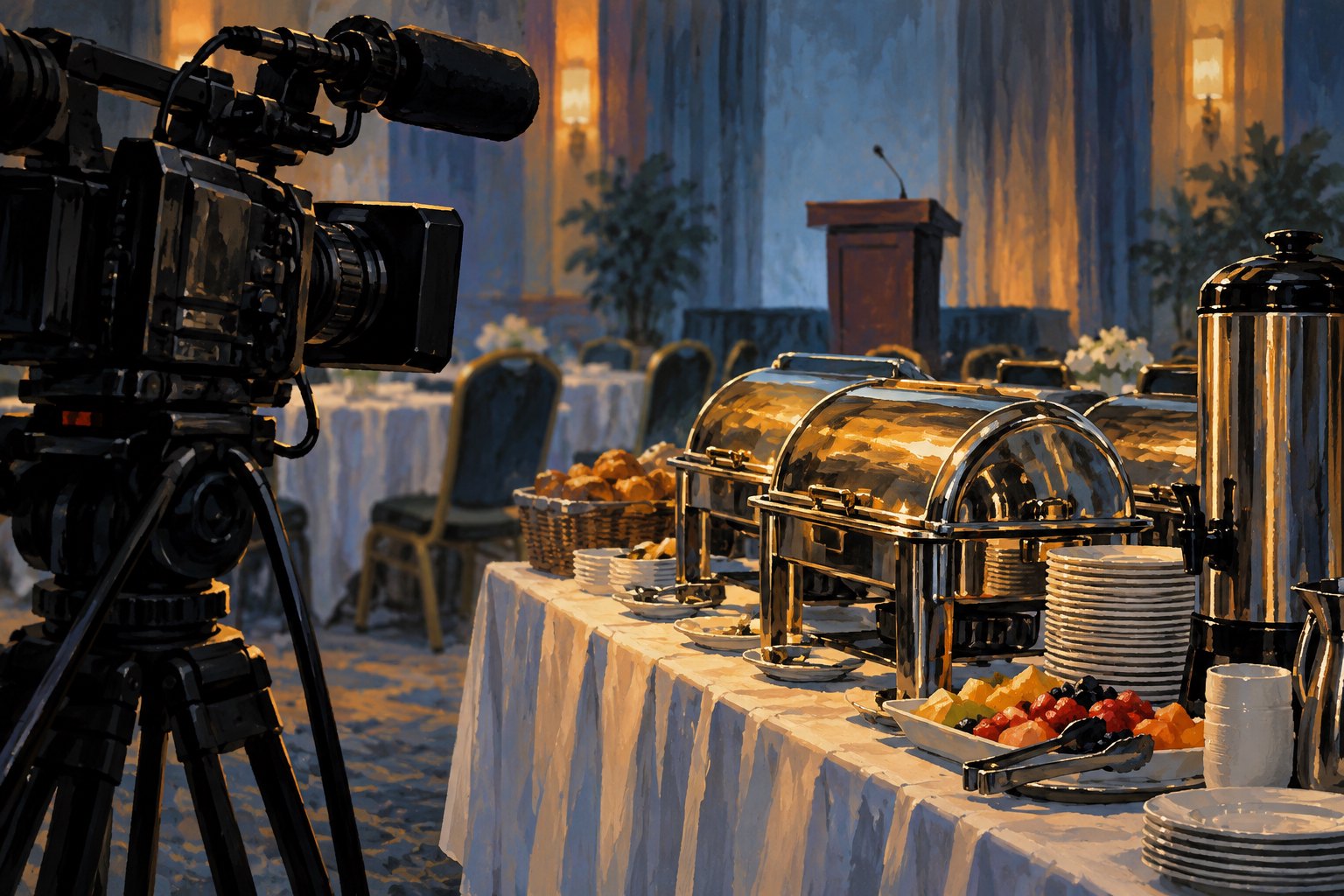 Conceptual illustration of a video camera facing a breakfast buffet with an empty lectern in the background.