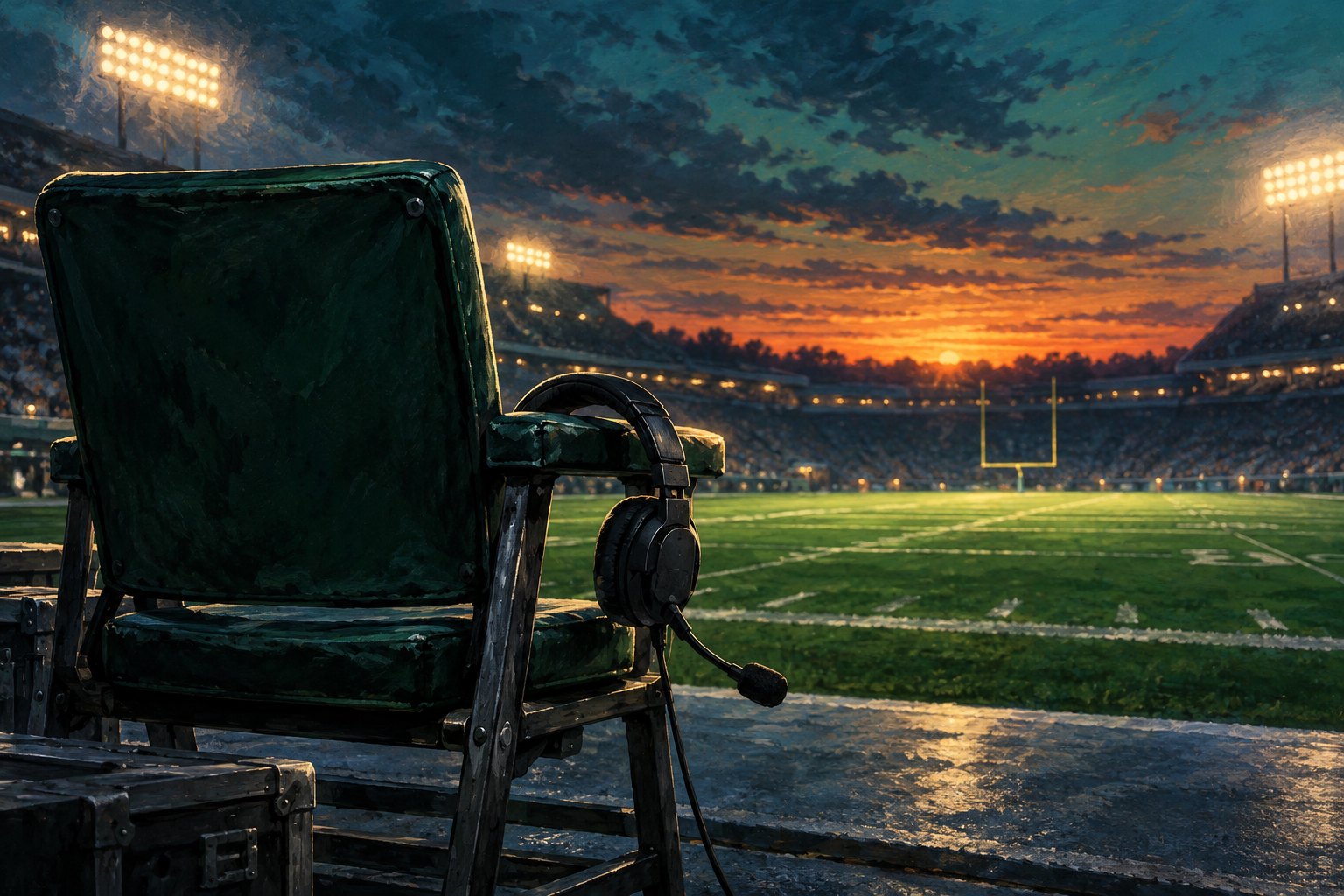 Illustration of an empty coaching chair with a headset overlooking an illuminated football field at dusk.