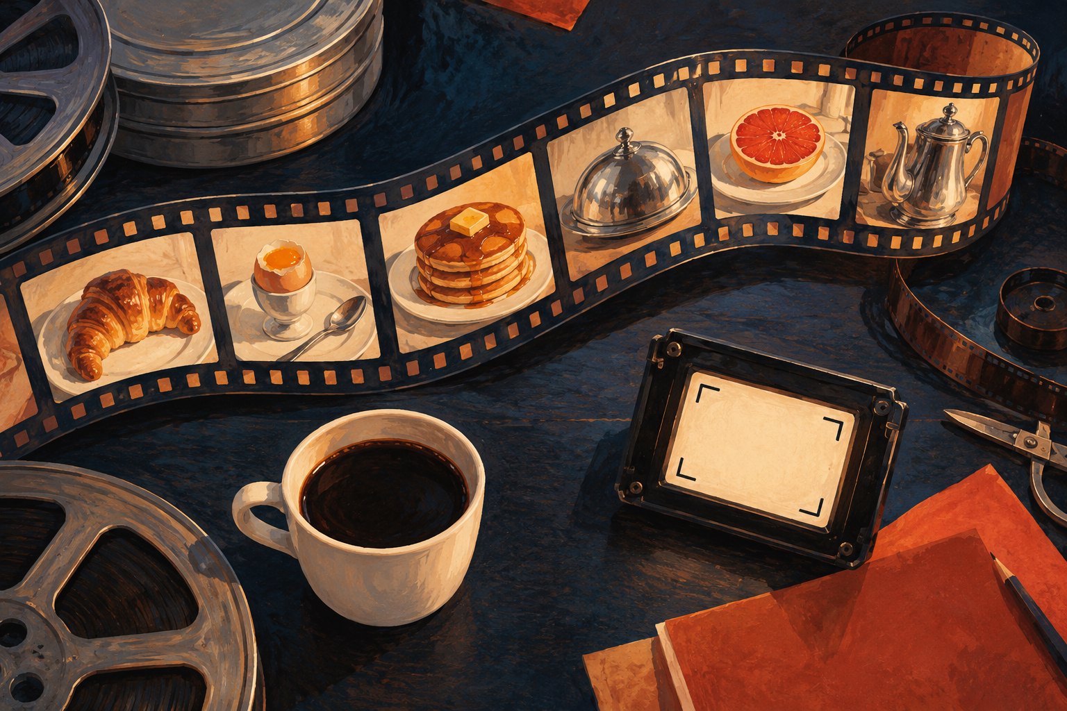 Conceptual illustration of a curling filmstrip, breakfast imagery, a coffee cup, and a viewfinder frame on an editing desk.