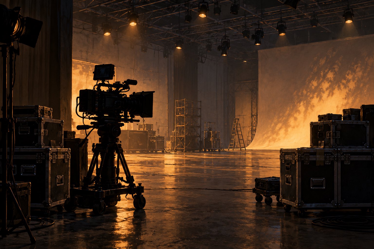 Conceptual illustration of a cinema camera and packed equipment cases on an empty soundstage under amber lights.