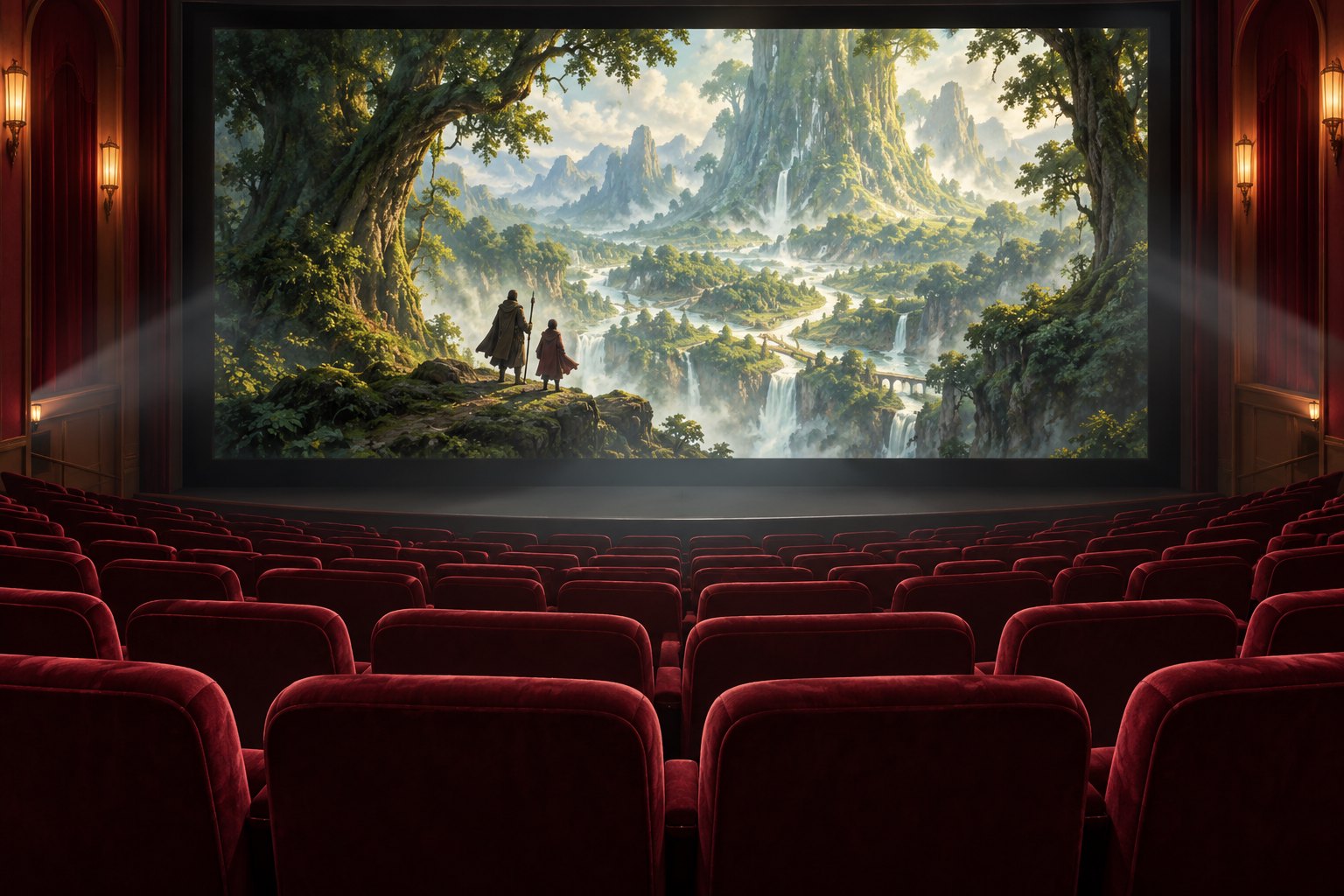 Illustration of an empty movie theater showing two anonymous travelers overlooking a vast green fantasy landscape.