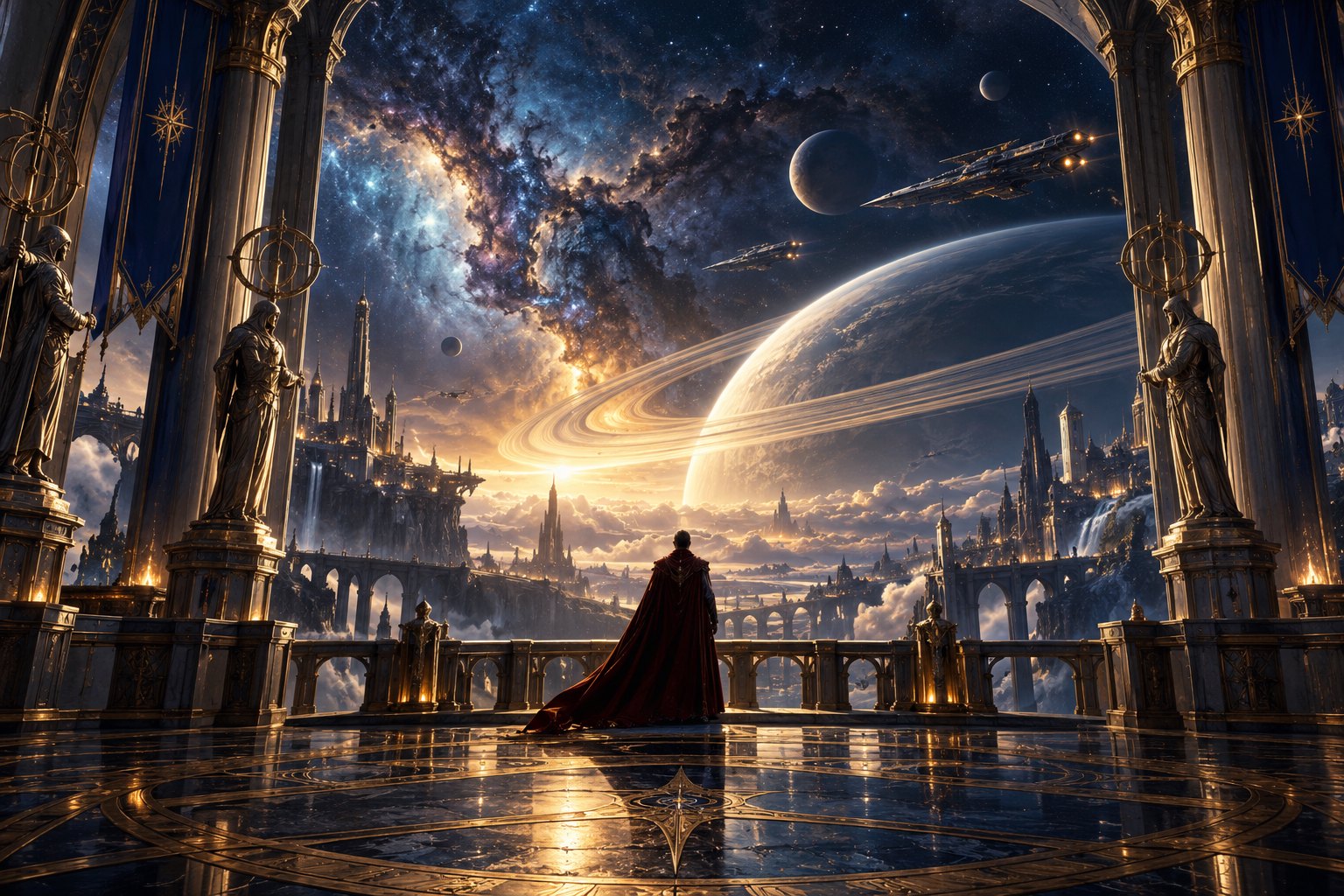 原创太空歌剧概念插画：披风旅人站在宏伟观景台上，凝望环形行星与远处星舰